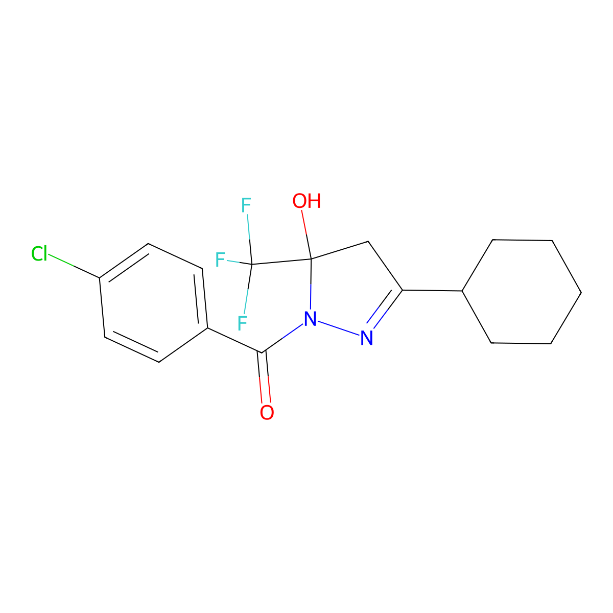 (4-chlorophenyl)-[3-cyclohexyl-5-hydroxy-5-(trifluoromethyl)-4H-pyrazol-1-yl]methanone molecular structure, CAS 425398-39-6