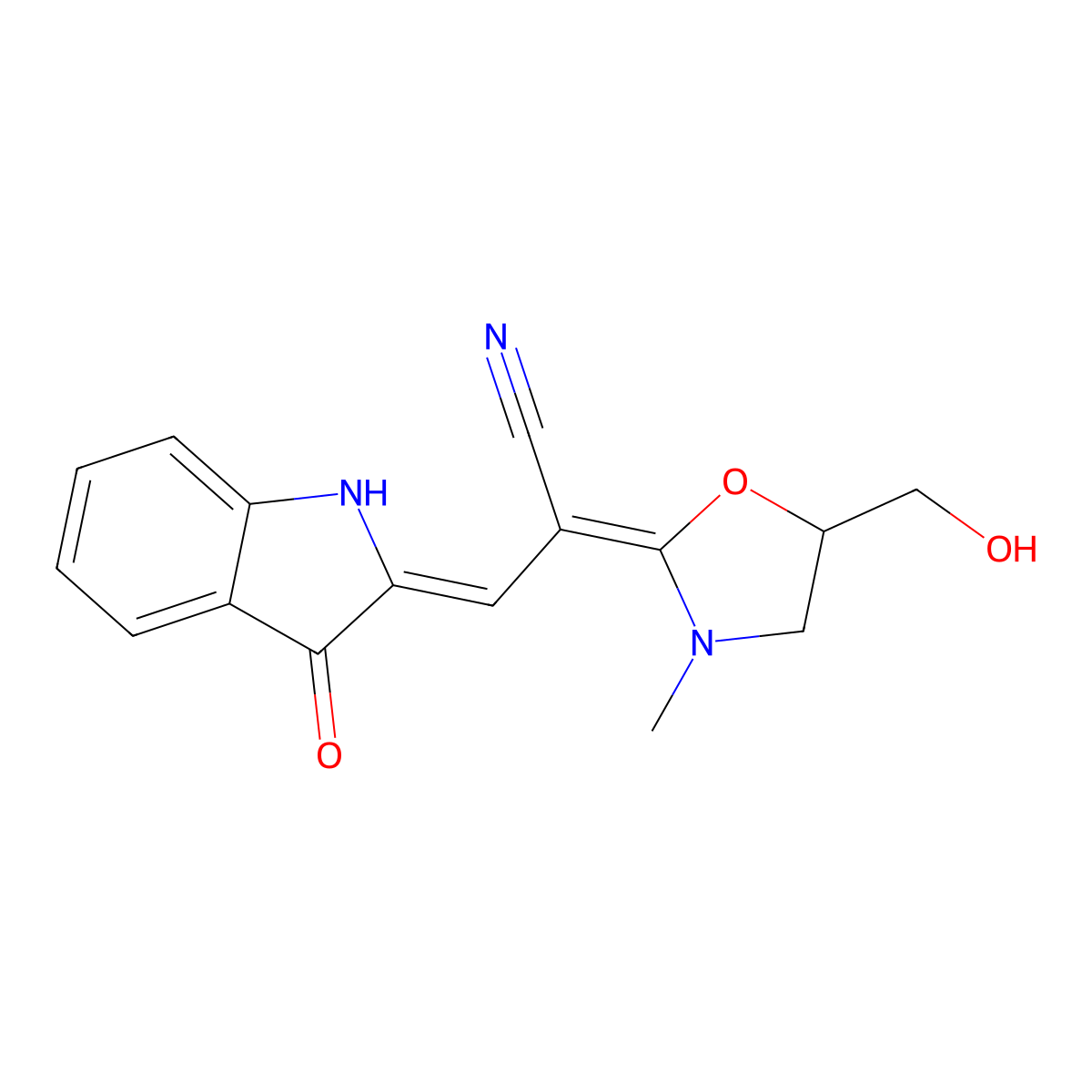 (2Z,3E)-2-[5-(hydroxymethyl)-3-methyl-1,3-oxazolidin-2-ylidene]-3-(3-oxo-1H-indol-2-ylidene)propanenitrile molecular structure, CAS 425399-08-2