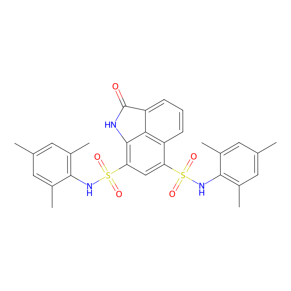 3-oxo-N9,N11-bis(2,4,6-trimethylphenyl)-2-azatricyclo[6.3.1.0^{4,12}]dodeca-1(11),4,6,8(12),9-pentaene-9,11-disulfonamide molecular structure, CAS 425400-81-3
