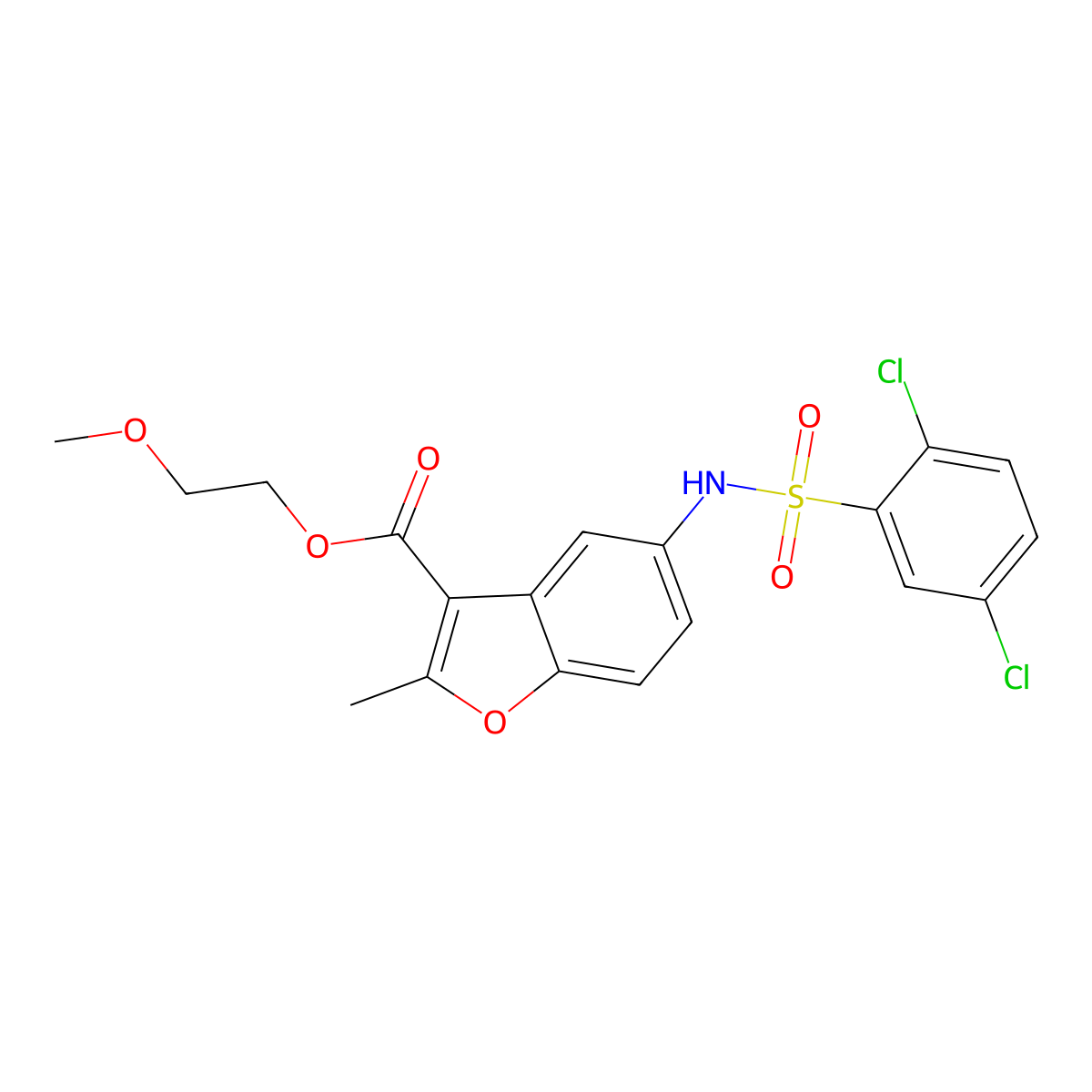 2-Methoxyethyl 5-[(2,5-dichlorophenyl)sulfonylamino]-2-methyl-1-benzofuran-3-carboxylate molecular structure, CAS 425401-23-6