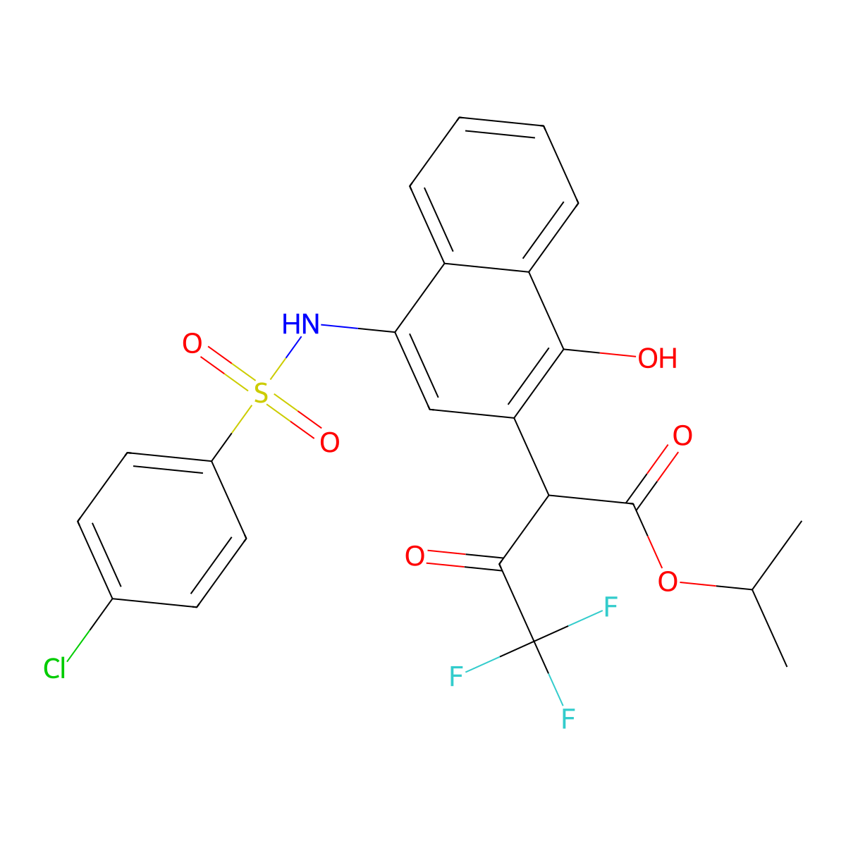 Propan-2-yl 2-[4-[(4-chlorophenyl)sulfonylamino]-1-hydroxynaphthalen-2-yl]-4,4,4-trifluoro-3-oxobutanoate molecular structure, CAS 425402-79-5