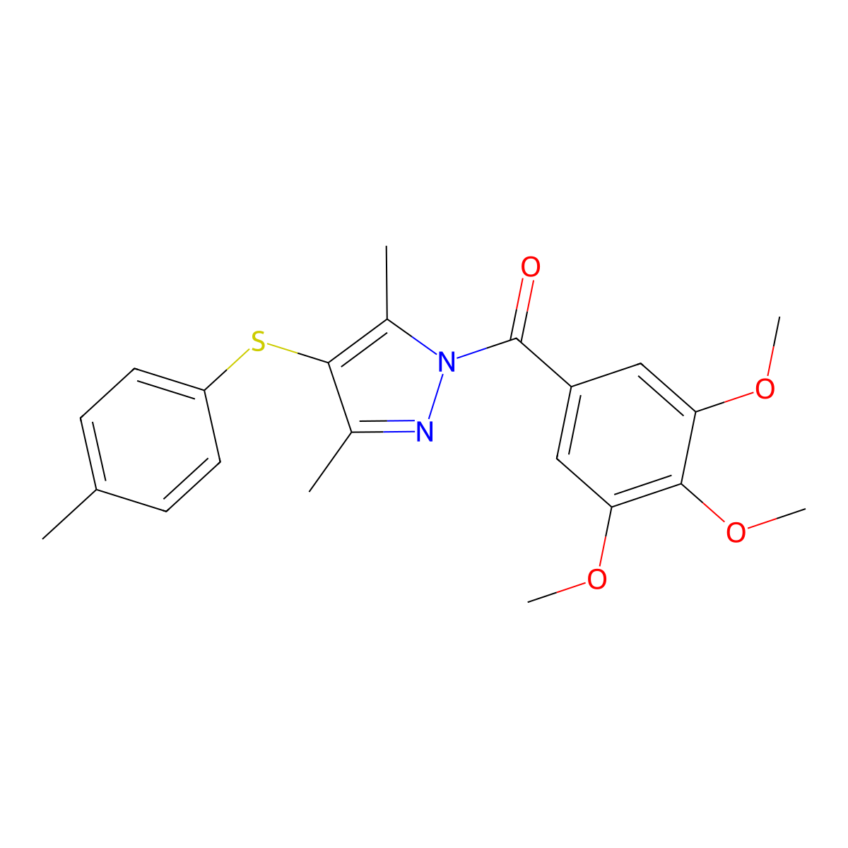 (3,5-dimethyl-4-(p-tolylthio)-1H-pyrazol-1-yl)(3,4,5-trimethoxyphenyl)methanone molecular structure, CAS 425412-23-3