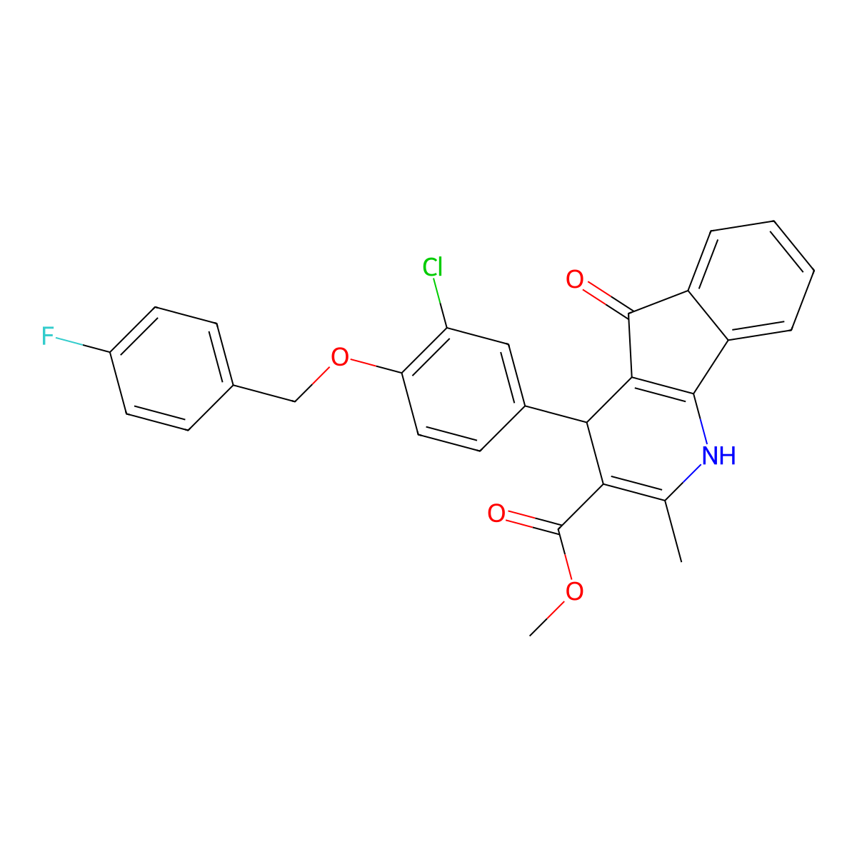 methyl 4-{3-chloro-4-[(4-fluorobenzyl)oxy]phenyl}-2-methyl-5-oxo-4,5-dihydro-1H-indeno[1,2-b]pyridine-3-carboxylate molecular structure, CAS 425424-53-9