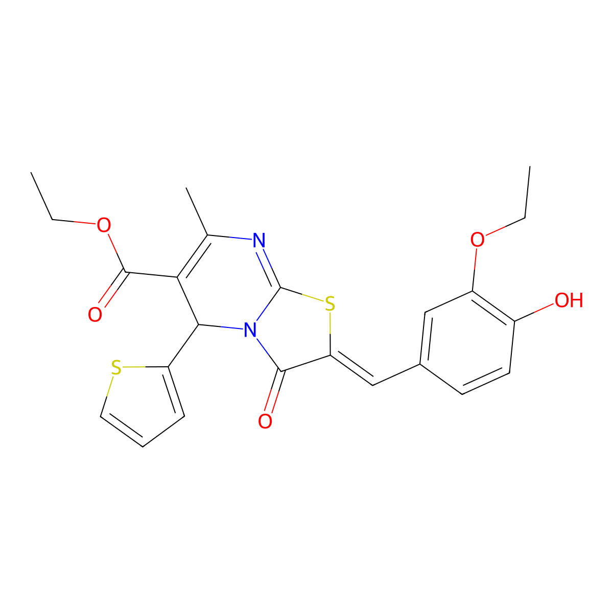 Ethyl 2-[(3-ethoxy-4-hydroxyphenyl)methylene]-2,3-dihydro-7-methyl-3-oxo-5-(2-thienyl)-5H-thiazolo[3,2-a]pyrimidine-6-carboxylate molecular structure, CAS 425605-73-8