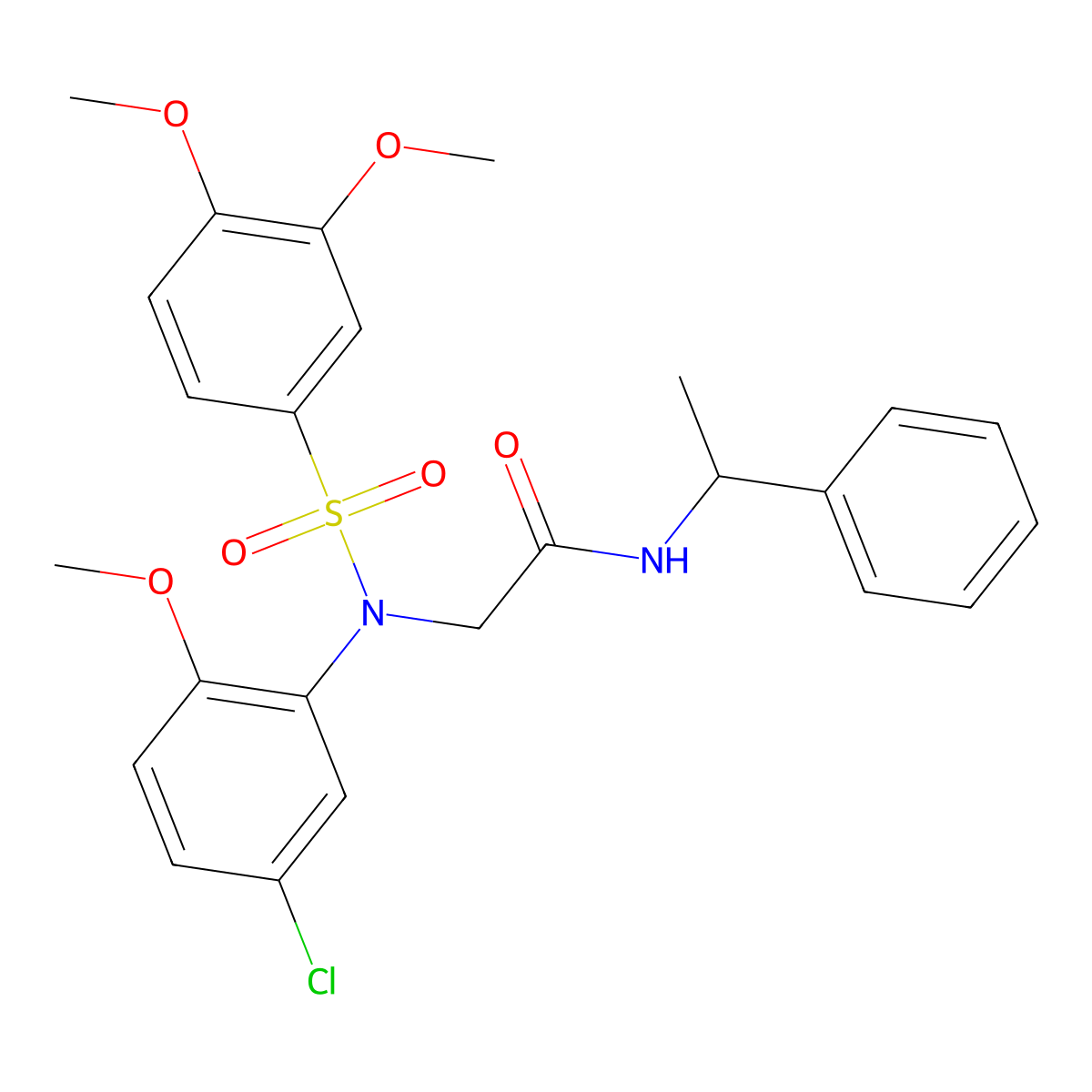 2-(5-chloro-N-(3,4-dimethoxyphenyl)sulfonyl-2-methoxyanilino)-N-(1-phenylethyl)acetamide molecular structure, CAS 425605-83-0