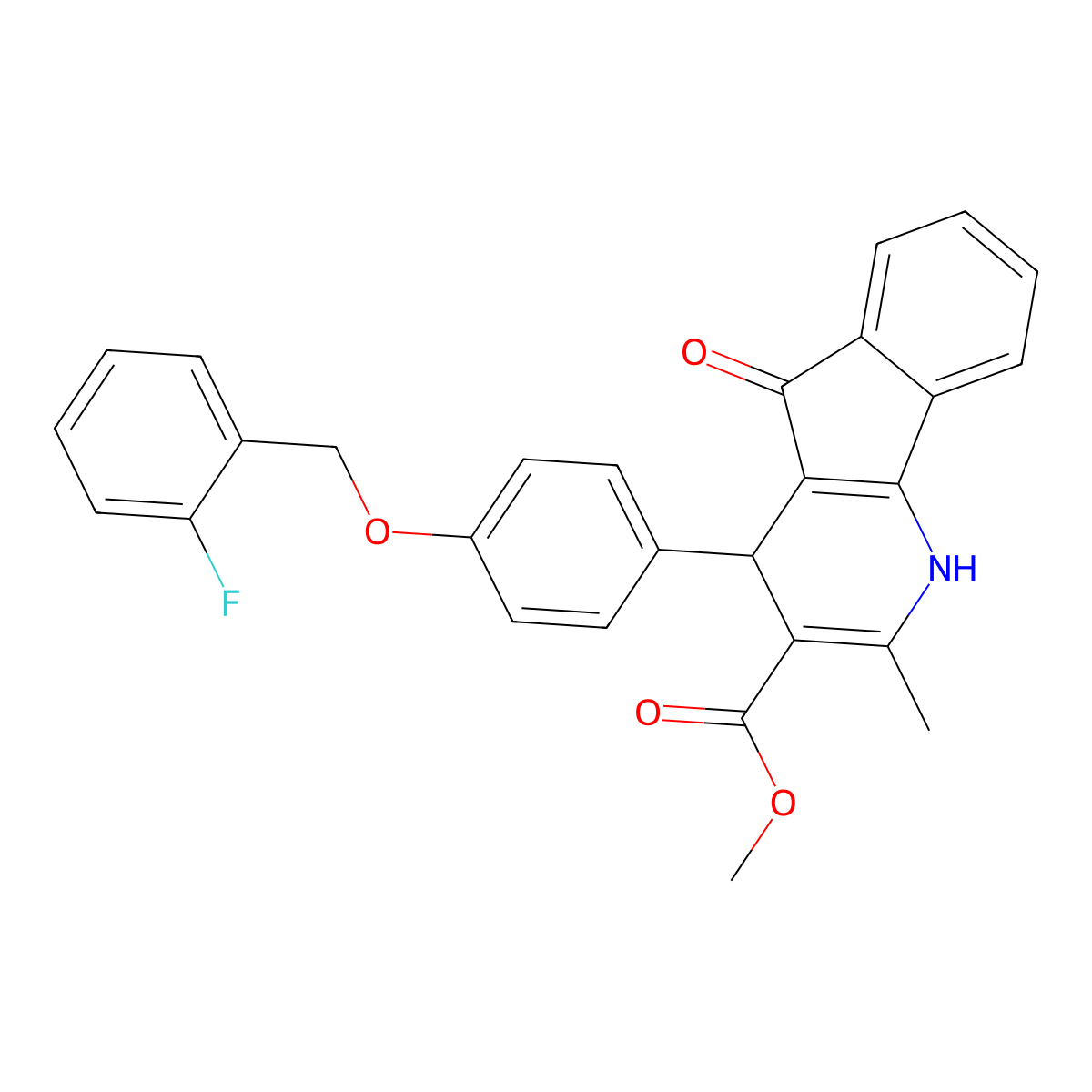 methyl 4-{4-[(2-fluorobenzyl)oxy]phenyl}-2-methyl-5-oxo-4,5-dihydro-1H-indeno[1,2-b]pyridine-3-carboxylate molecular structure, CAS 425610-49-7