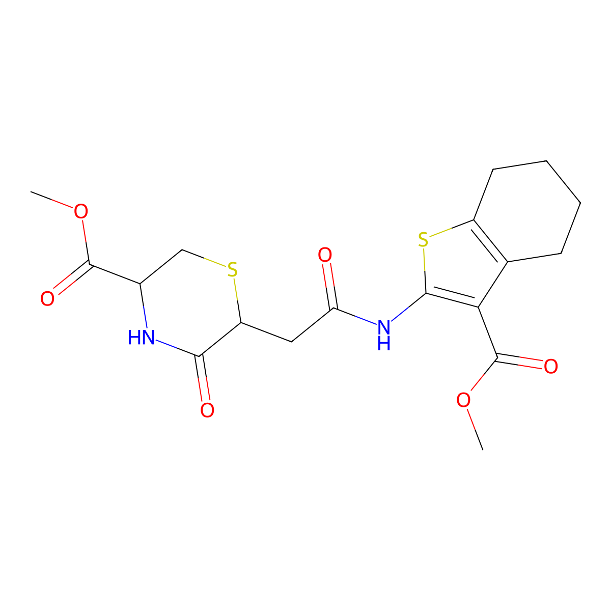 Methyl 6-[2-[(3-methoxycarbonyl-4,5,6,7-tetrahydro-1-benzothiophen-2-yl)amino]-2-oxoethyl]-5-oxothiomorpholine-3-carboxylate molecular structure, CAS 425630-10-0
