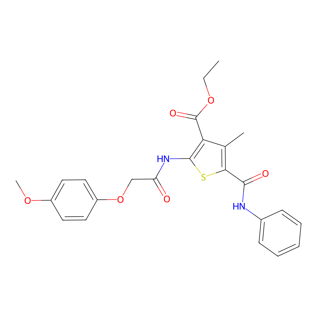 Ethyl 2-[2-(4-methoxyphenoxy)acetamido]-4-methyl-5-(phenylcarbamoyl)thiophene-3-carboxylate molecular structure, CAS 425630-85-9