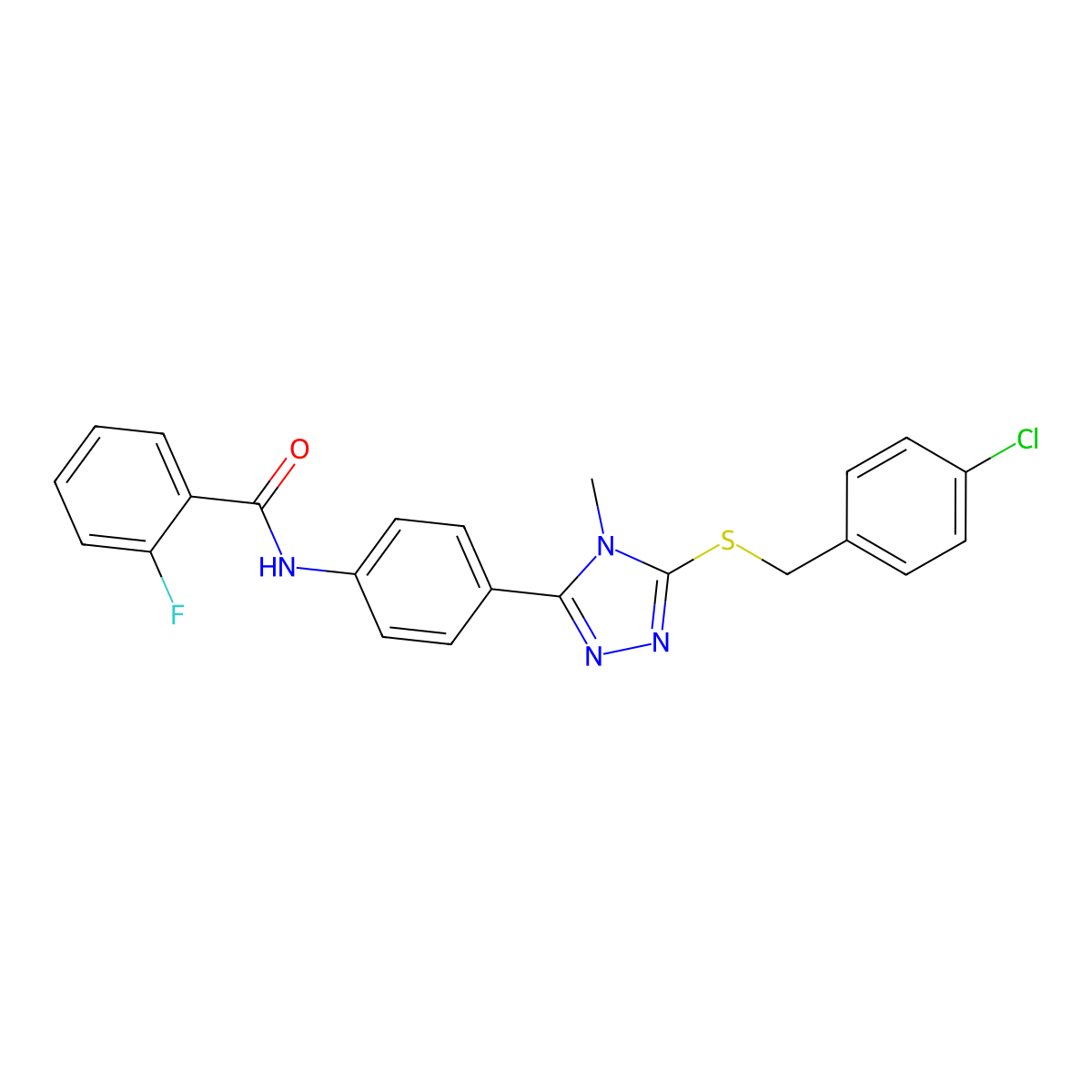 N-[4-[5-[(4-chlorophenyl)methylsulfanyl]-4-methyl-1,2,4-triazol-3-yl]phenyl]-2-fluorobenzamide molecular structure, CAS 425631-48-7