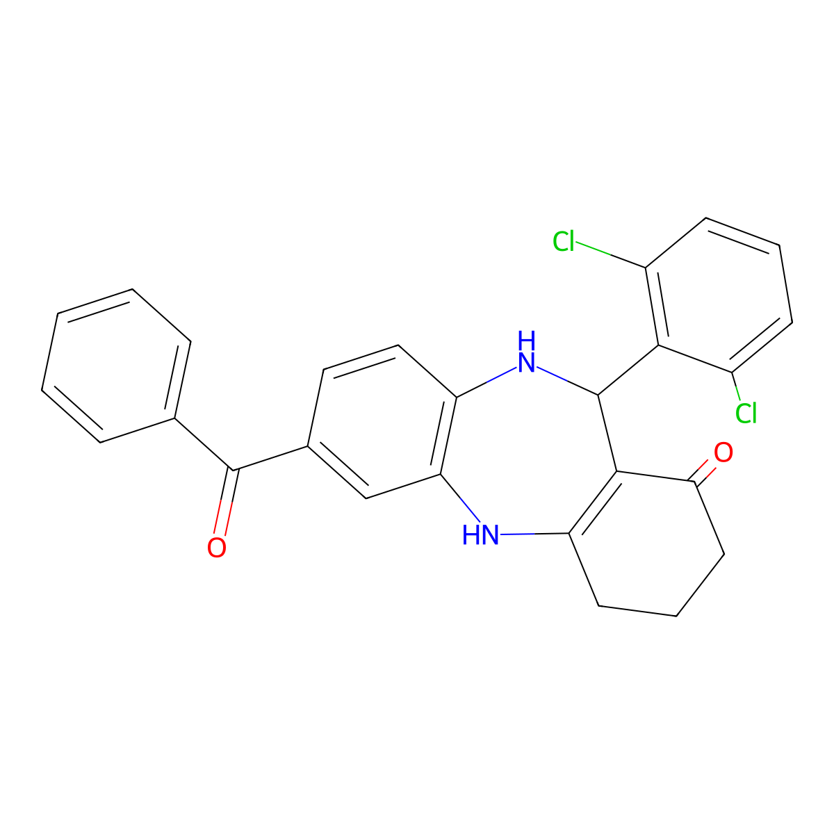 2-Benzoyl-6-(2,6-dichlorophenyl)-5,6,8,9,10,11-hexahydrobenzo[b][1,4]benzodiazepin-7-one molecular structure, CAS 425632-55-9