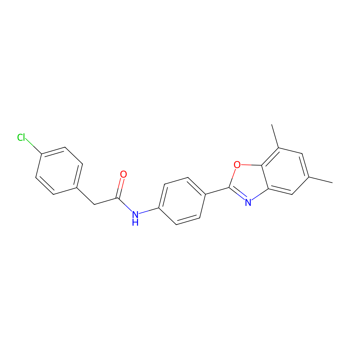2-(4-chlorophenyl)-N-[4-(5,7-dimethyl-1,3-benzoxazol-2-yl)phenyl]acetamide molecular structure, CAS 425632-71-9