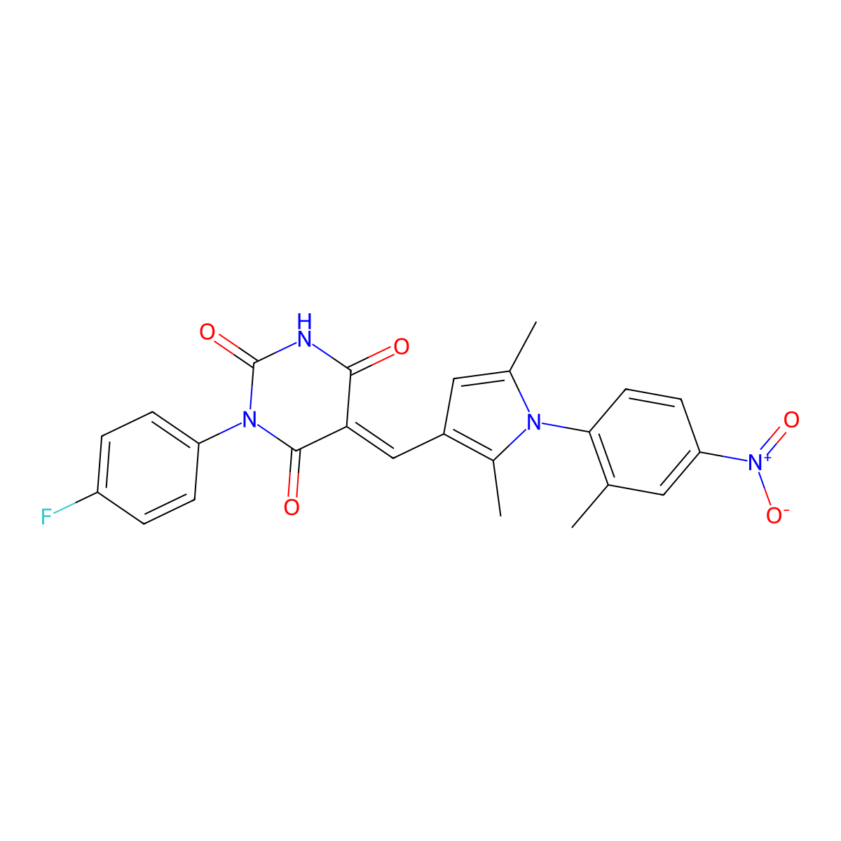 5-[[2,5-Dimethyl-1-(2-methyl-4-nitrophenyl)-1H-pyrrol-3-yl]methylene]-1-(4-fluorophenyl)-2,4,6(1H,3H,5H)-pyrimidinetrione molecular structure, CAS 425633-04-1