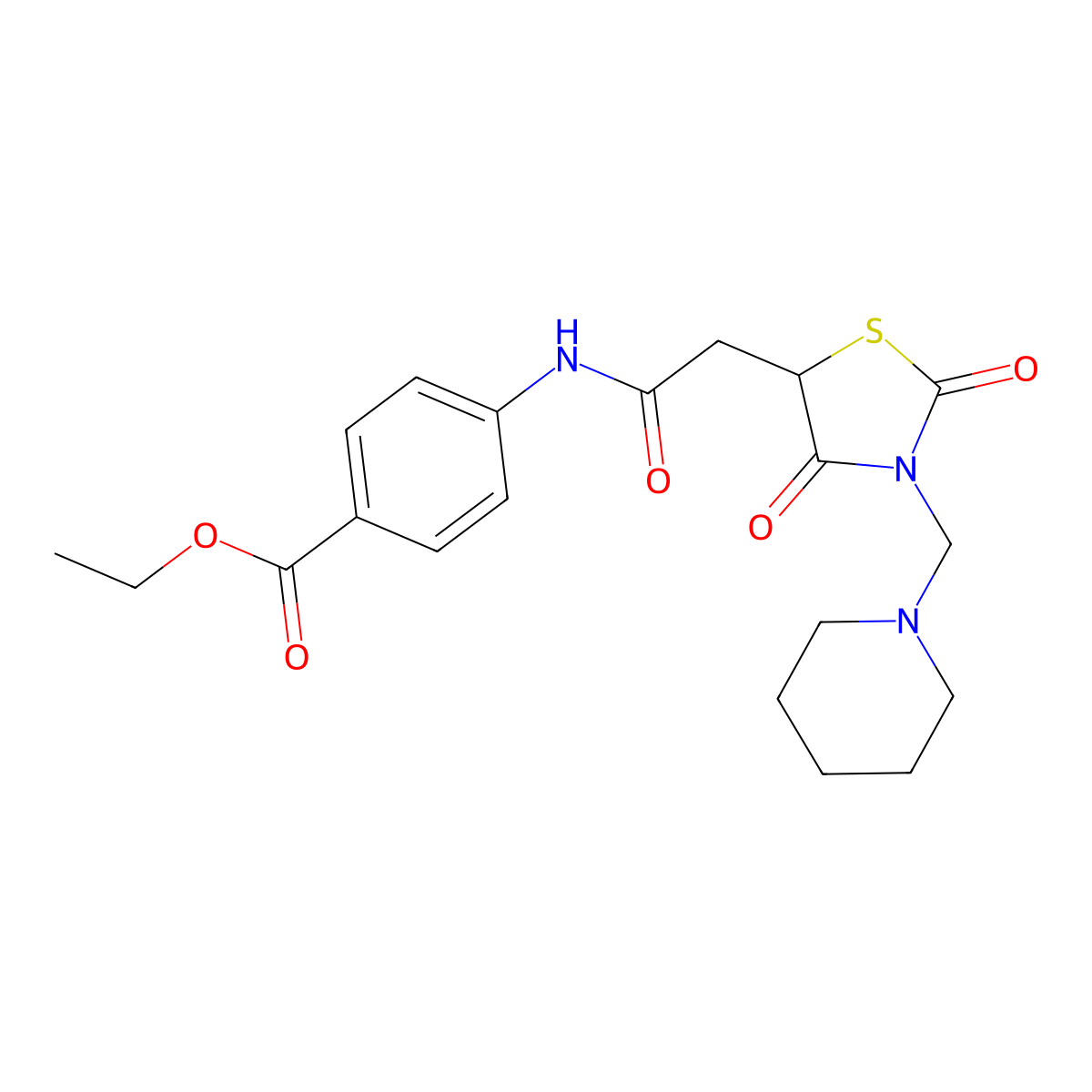 Ethyl 4-(2-(2,4-dioxo-3-(piperidin-1-ylmethyl)thiazolidin-5-yl)acetamido)benzoate molecular structure, CAS 425646-01-1