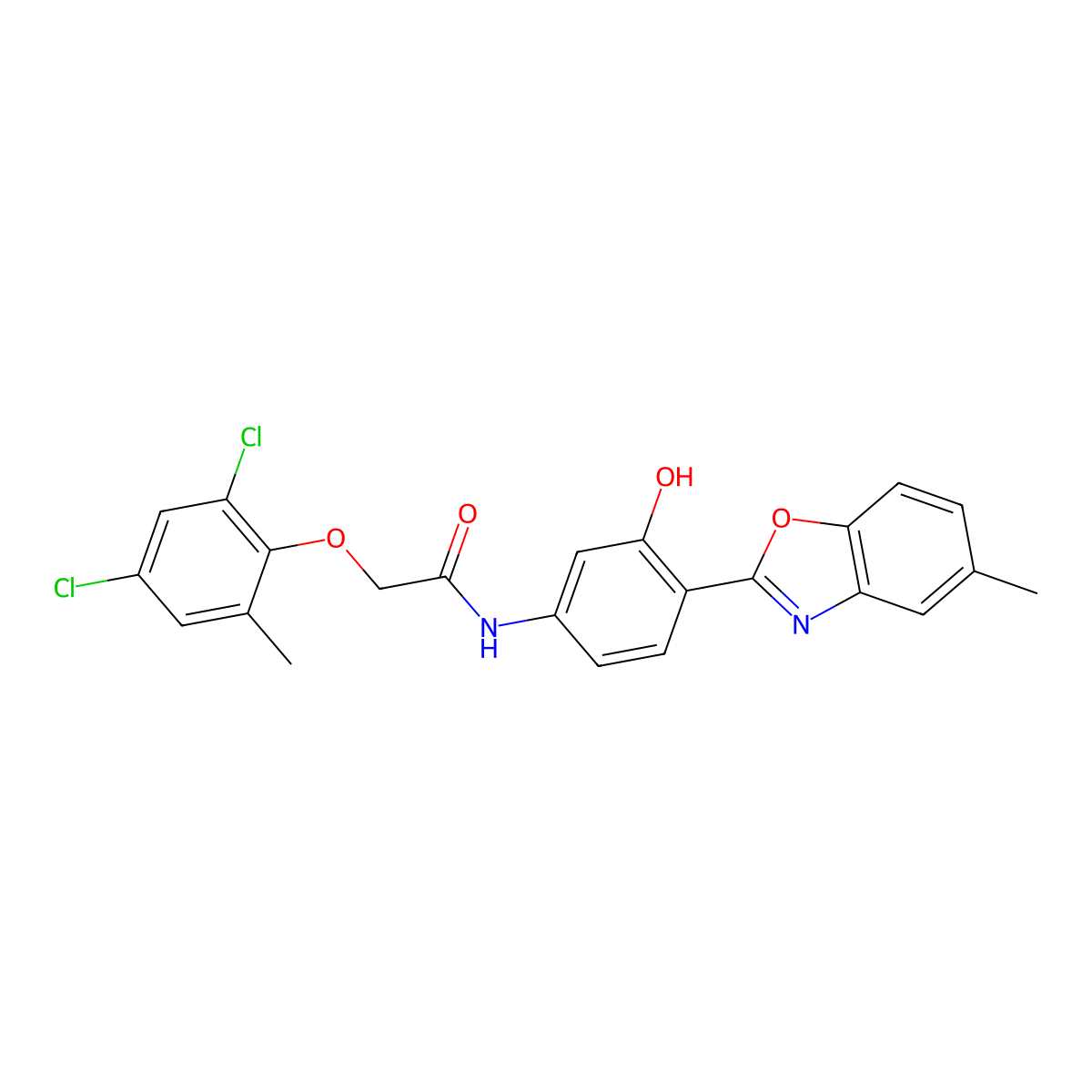 2-(2,4-dichloro-6-methylphenoxy)-N-[3-hydroxy-4-(5-methyl-1,3-benzoxazol-2-yl)phenyl]acetamide molecular structure, CAS 425646-08-8