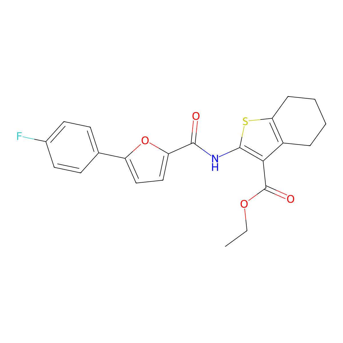 Ethyl 2-({[5-(4-fluorophenyl)furan-2-yl]carbonyl}amino)-4,5,6,7-tetrahydro-1-benzothiophene-3-carboxylate molecular structure, CAS 425646-14-6