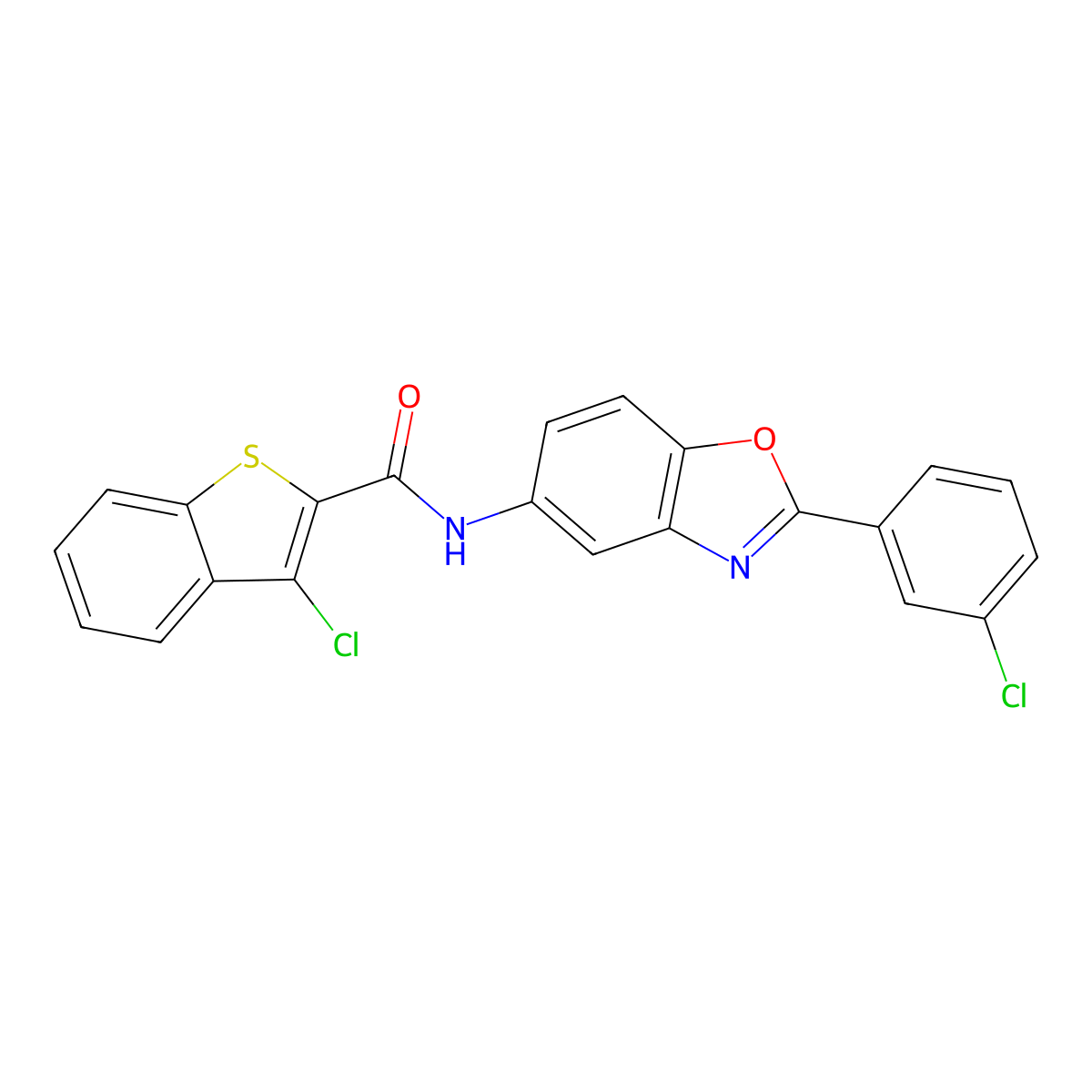 3-chloro-N-[2-(3-chlorophenyl)-1,3-benzoxazol-5-yl]-1-benzothiophene-2-carboxamide molecular structure, CAS 425648-65-3