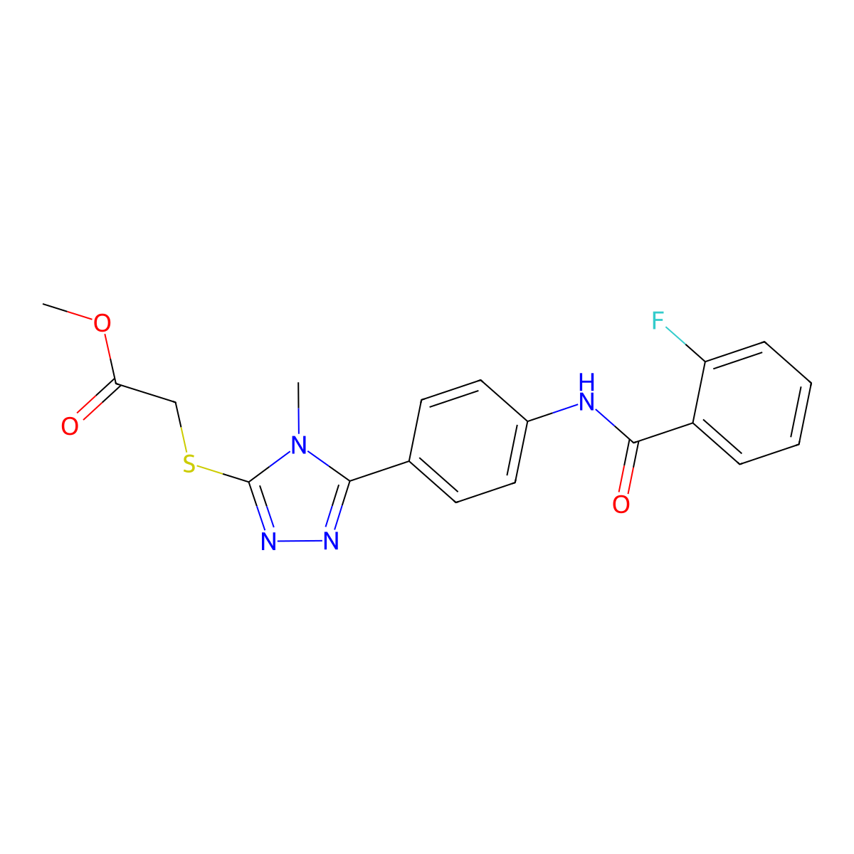 methyl 2-((5-(4-(2-fluorobenzamido)phenyl)-4-methyl-4H-1,2,4-triazol-3-yl)thio)acetate molecular structure, CAS 425648-92-6