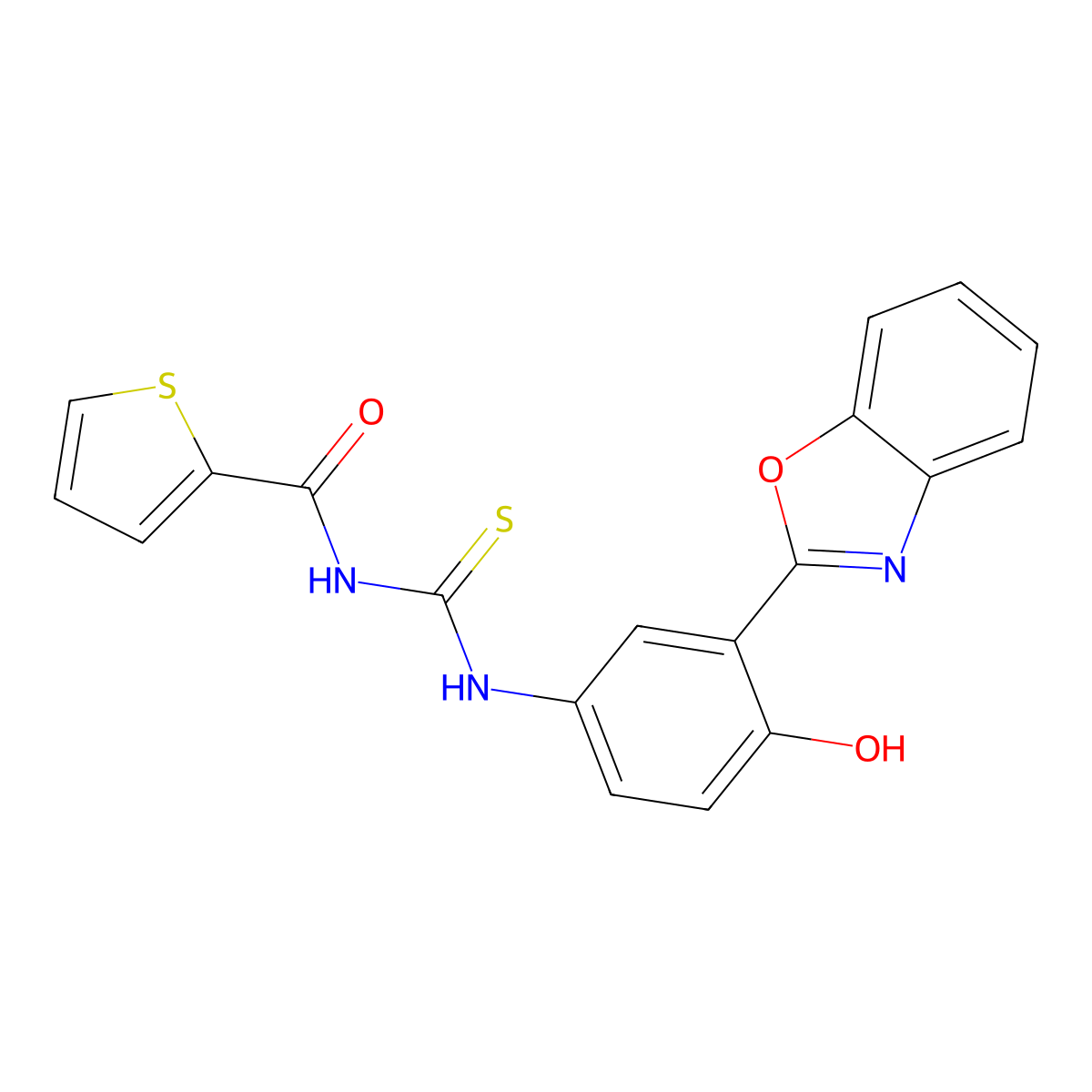 N-((3-(benzo[d]oxazol-2-yl)-4-hydroxyphenyl)carbamothioyl)thiophene-2-carboxamide molecular structure, CAS 425649-55-4