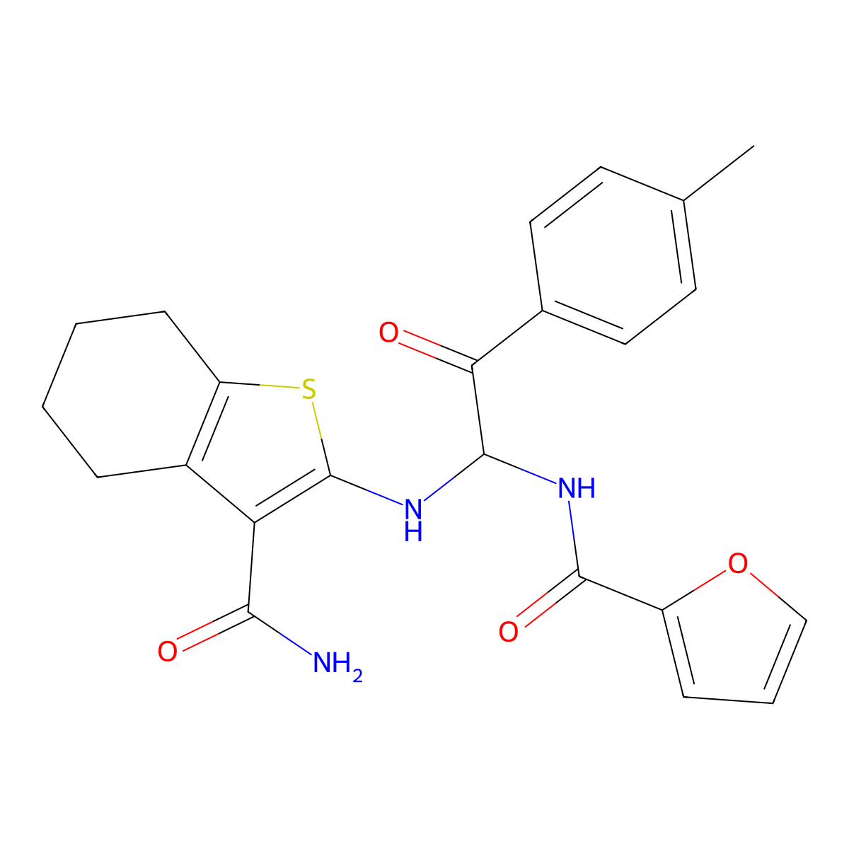 N-{1-[(3-carbamoyl-4,5,6,7-tetrahydro-1-benzothiophen-2-yl)amino]-2-(4-methylphenyl)-2-oxoethyl}furan-2-carboxamide molecular structure, CAS 425649-76-9