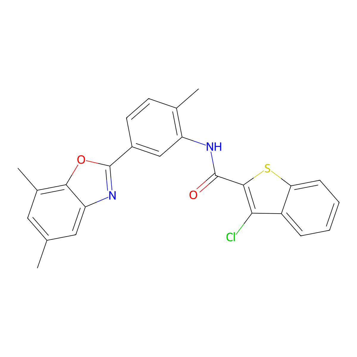 3-chloro-N-[5-(5,7-dimethyl-1,3-benzoxazol-2-yl)-2-methylphenyl]-1-benzothiophene-2-carboxamide molecular structure, CAS 425649-77-0