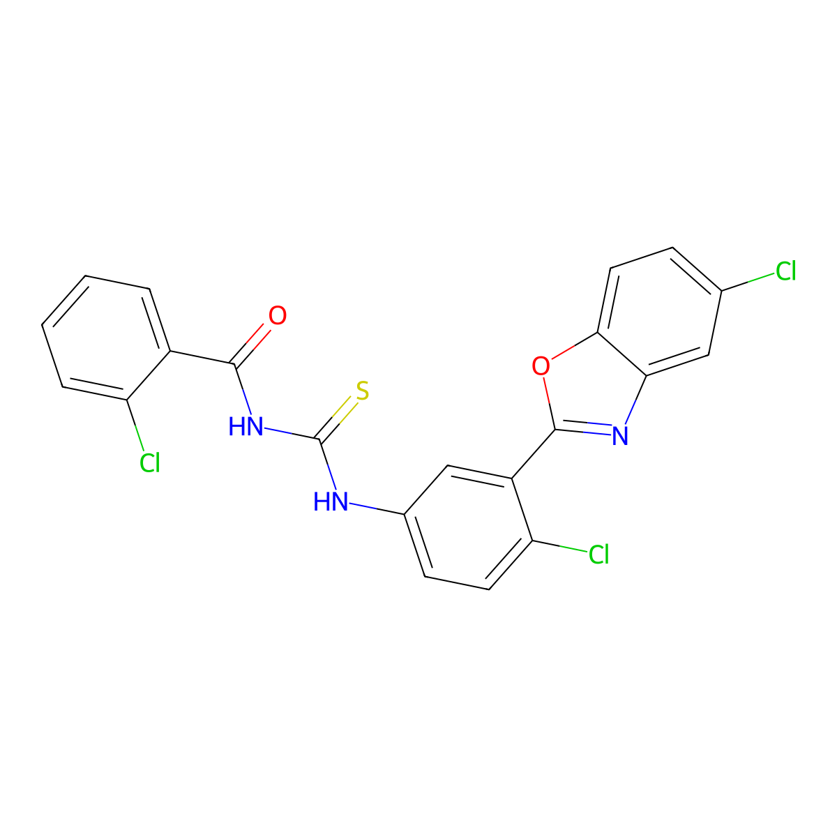 2-chloro-N-[[4-chloro-3-(5-chloro-1,3-benzoxazol-2-yl)phenyl]carbamothioyl]benzamide molecular structure, CAS 425650-08-4