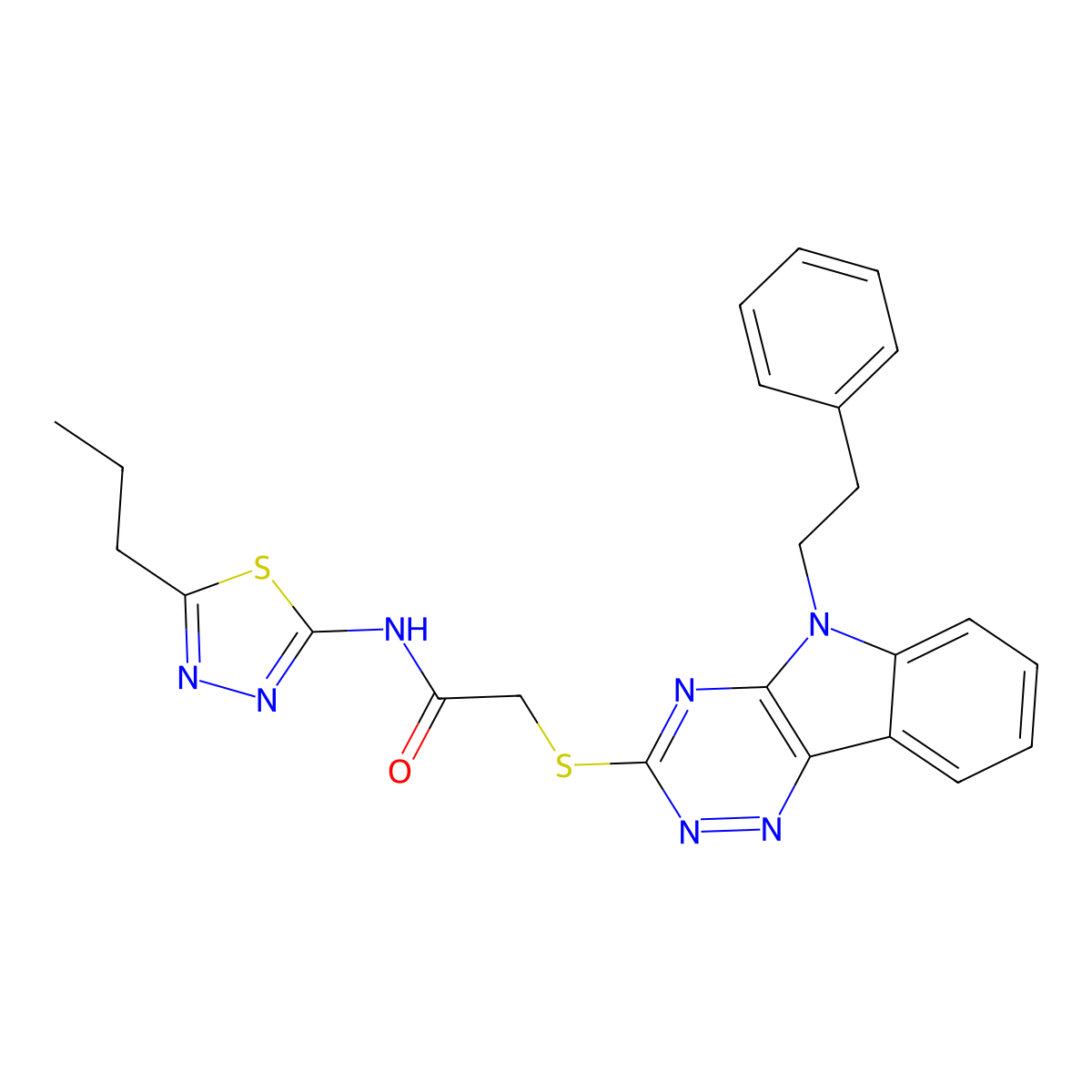 2-{[5-(2-phenylethyl)-5H-[1,2,4]triazino[5,6-b]indol-3-yl]sulfanyl}-N-(5-propyl-1,3,4-thiadiazol-2-yl)acetamide molecular structure, CAS 425651-14-5