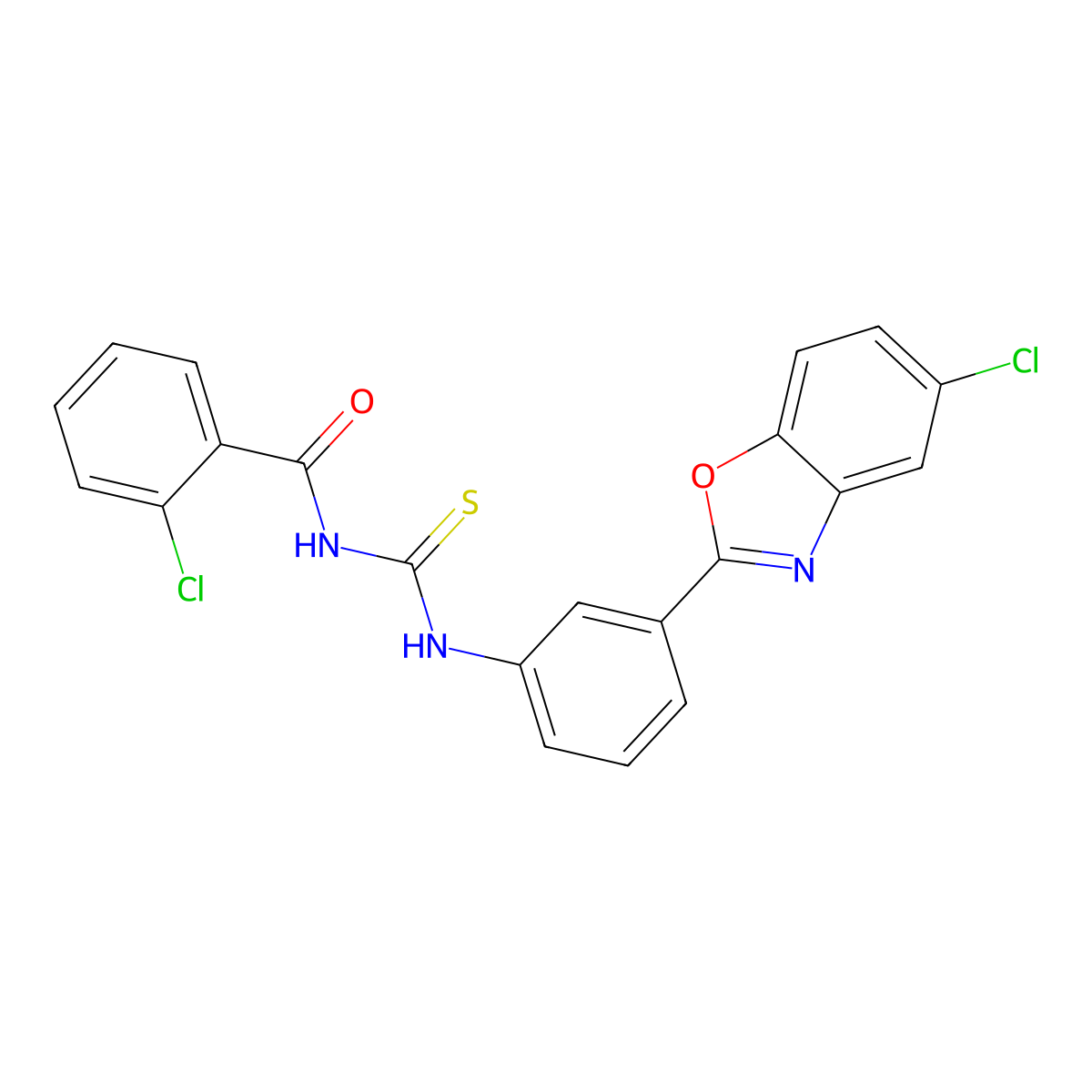 2-chloro-N-[[3-(5-chloro-1,3-benzoxazol-2-yl)phenyl]carbamothioyl]benzamide molecular structure, CAS 425651-21-4