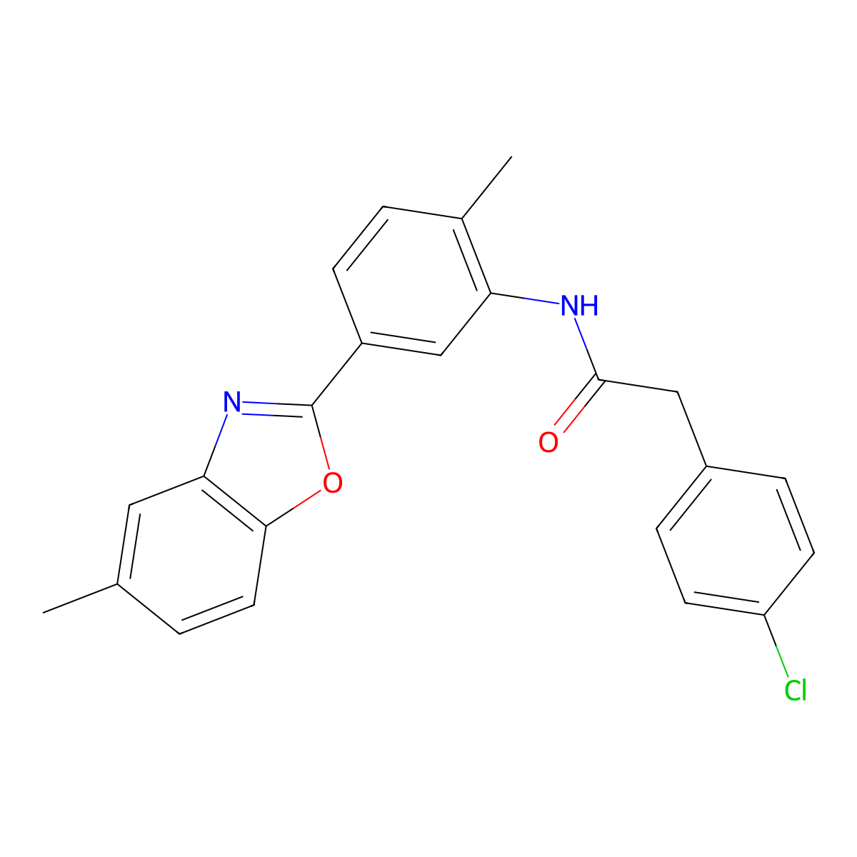 2-(4-chlorophenyl)-N-[2-methyl-5-(5-methyl-1,3-benzoxazol-2-yl)phenyl]acetamide molecular structure, CAS 425651-33-8