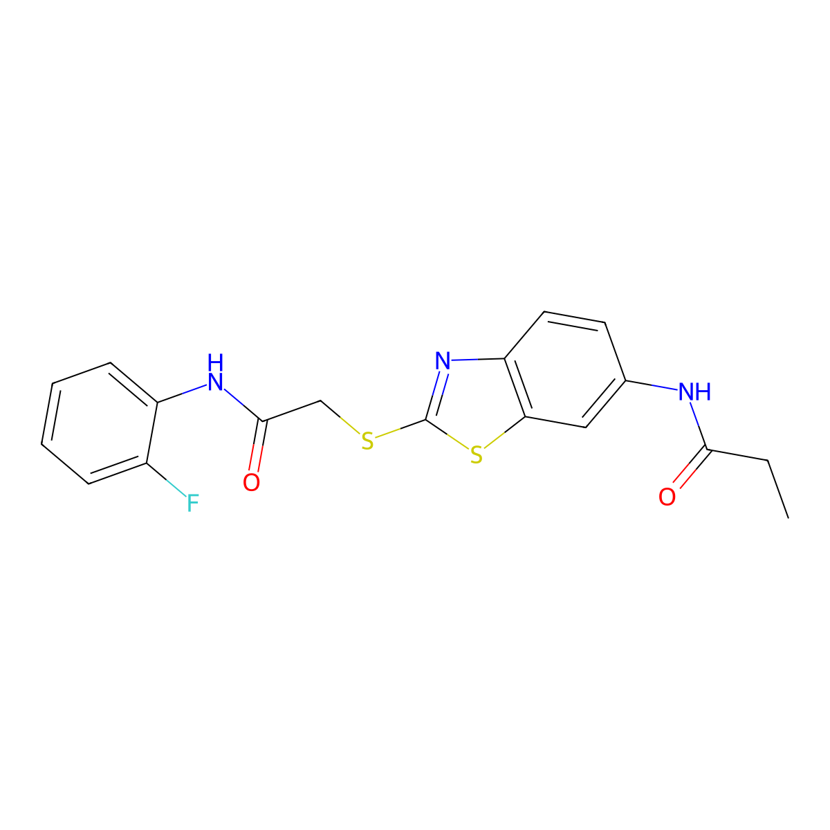 N-[2-({2-[(2-fluorophenyl)amino]-2-oxoethyl}sulfanyl)-1,3-benzothiazol-6-yl]propanamide molecular structure, CAS 425652-52-4