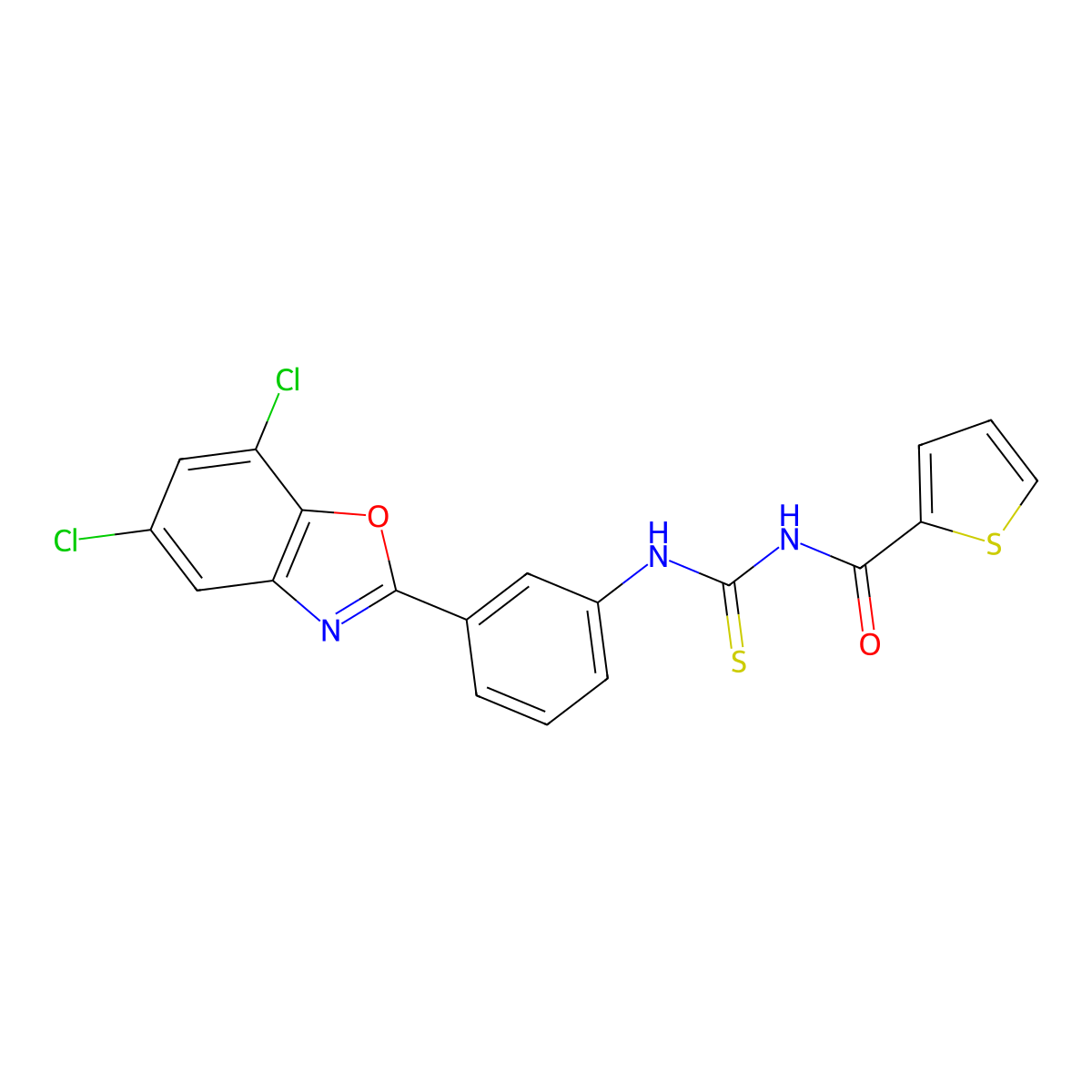 N-[[3-(5,7-dichloro-1,3-benzoxazol-2-yl)phenyl]carbamothioyl]thiophene-2-carboxamide molecular structure, CAS 425653-31-2