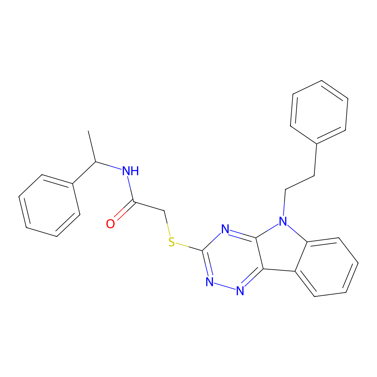 N-(1-phenylethyl)-2-{[5-(2-phenylethyl)-5H-[1,2,4]triazino[5,6-b]indol-3-yl]sulfanyl}acetamide molecular structure, CAS 425653-62-9