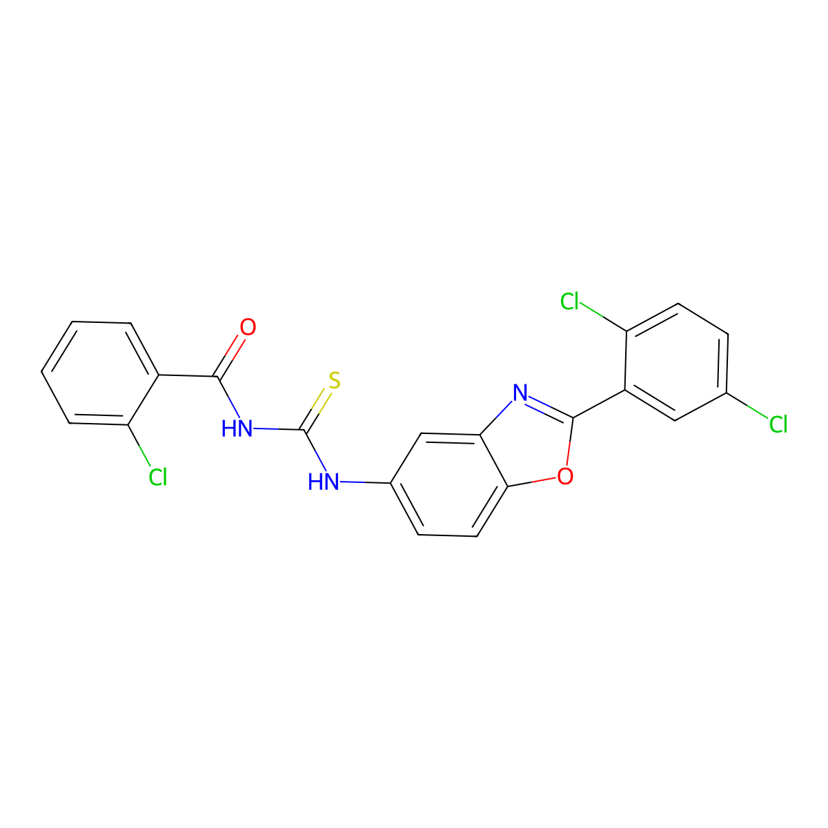2-chloro-N-[[2-(2,5-dichlorophenyl)-1,3-benzoxazol-5-yl]carbamothioyl]benzamide molecular structure, CAS 425655-60-3