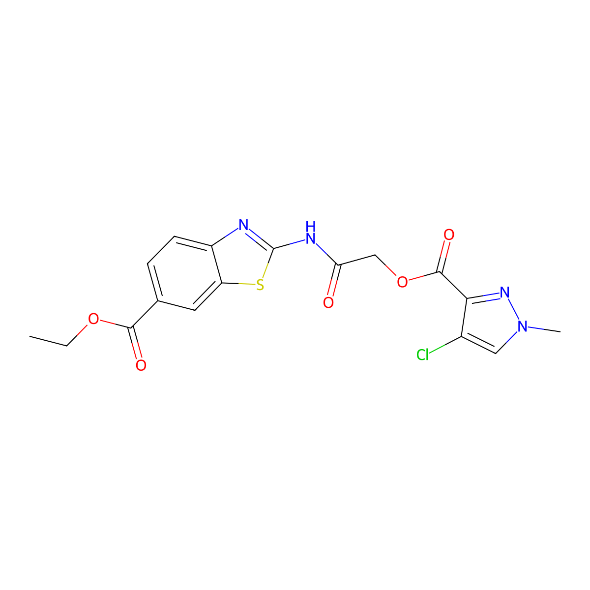 ethyl 2-[({[(4-chloro-1-methyl-1H-pyrazol-3-yl)carbonyl]oxy}acetyl)amino]-1,3-benzothiazole-6-carboxylate molecular structure, CAS 425658-03-3