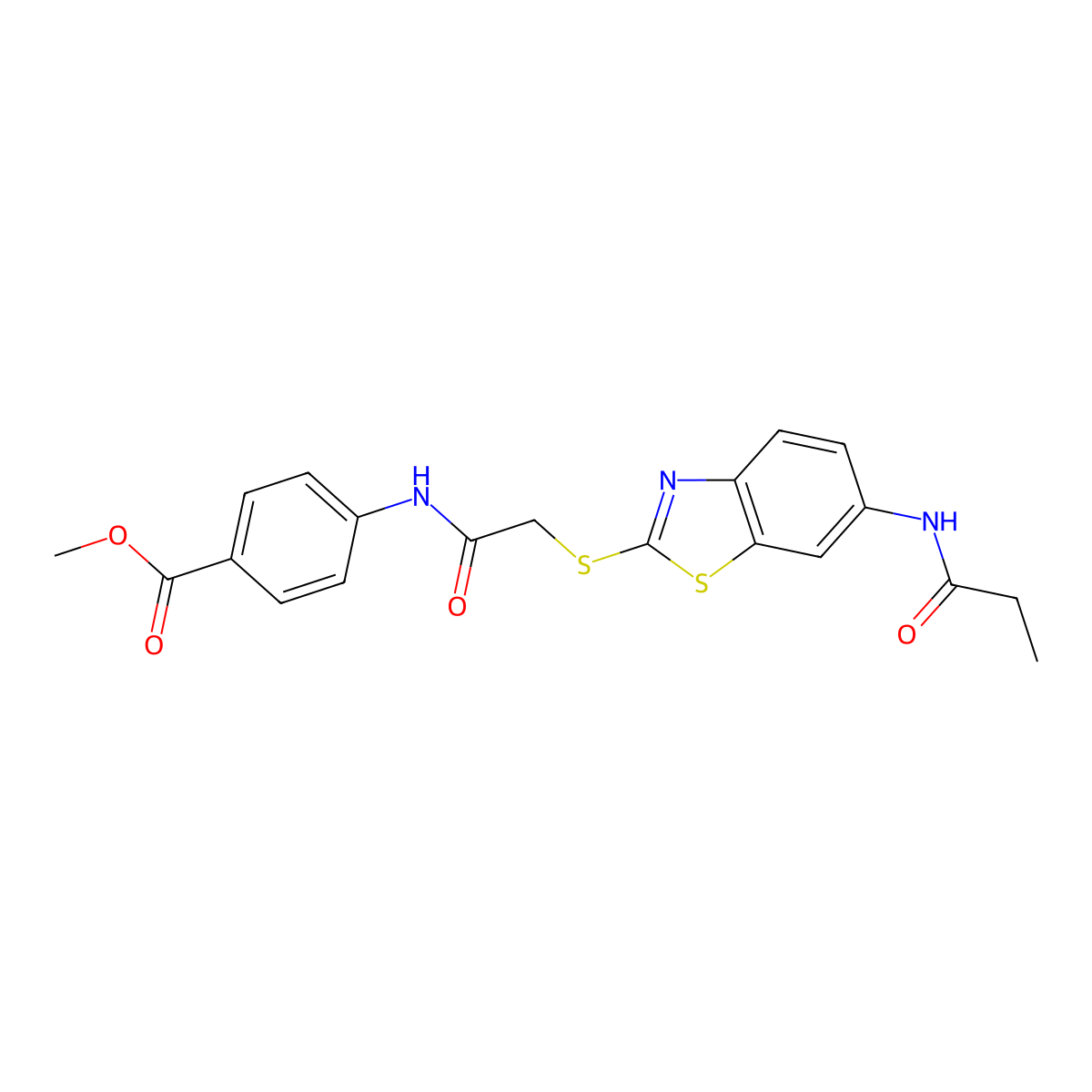 Methyl 4-[({[6-(propanoylamino)-1,3-benzothiazol-2-yl]sulfanyl}acetyl)amino]benzoate molecular structure, CAS 425659-14-9