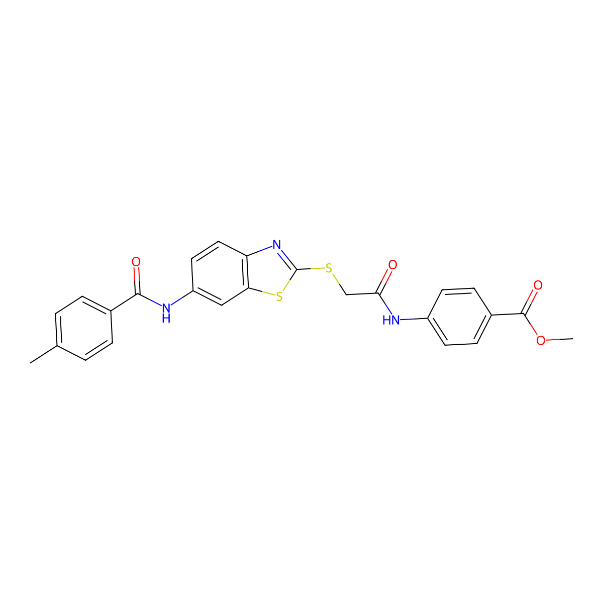 Methyl 4-({[(6-{[(4-methylphenyl)carbonyl]amino}-1,3-benzothiazol-2-yl)sulfanyl]acetyl}amino)benzoate molecular structure, CAS 425659-39-8