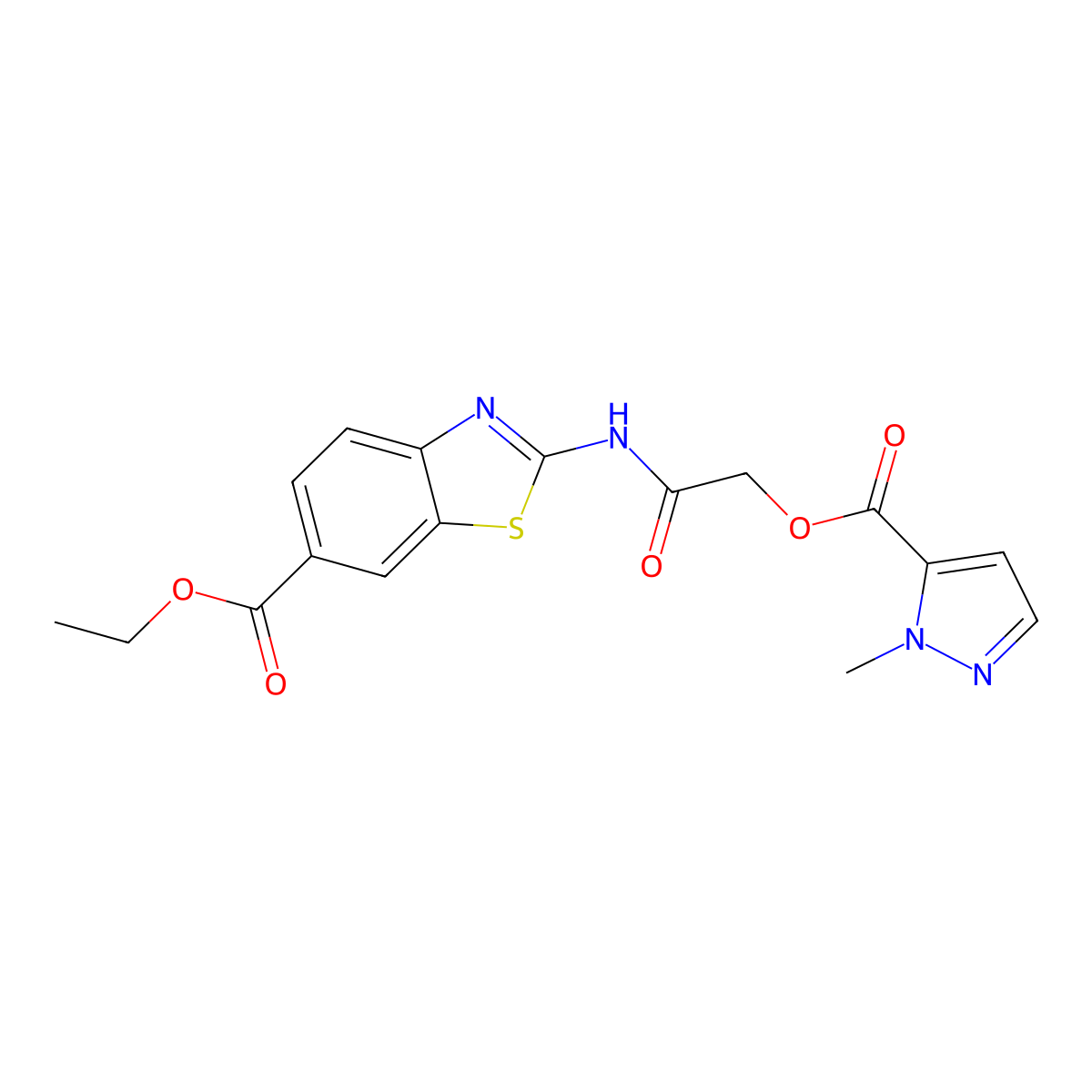ethyl 2-[({[(1-methyl-1H-pyrazol-5-yl)carbonyl]oxy}acetyl)amino]-1,3-benzothiazole-6-carboxylate molecular structure, CAS 425660-14-6