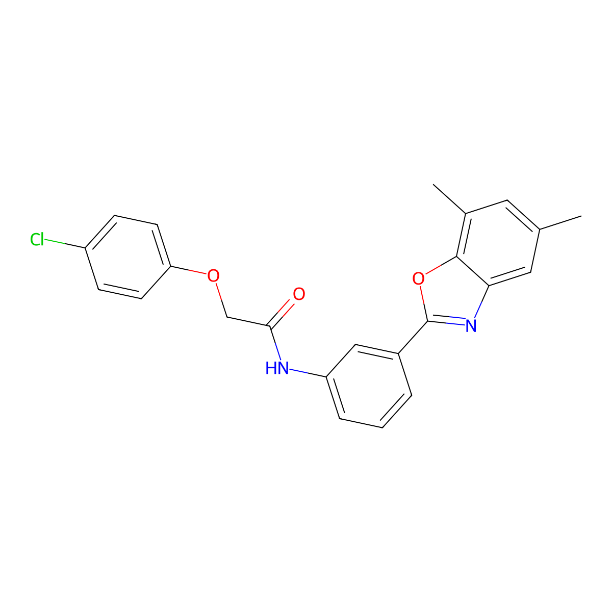 2-(4-chlorophenoxy)-N-[3-(5,7-dimethyl-1,3-benzoxazol-2-yl)phenyl]acetamide molecular structure, CAS 425660-56-6