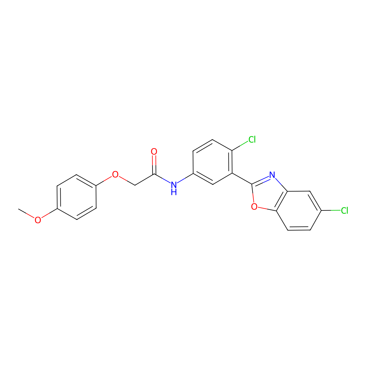 N-[4-chloro-3-(5-chloro-1,3-benzoxazol-2-yl)phenyl]-2-(4-methoxyphenoxy)acetamide molecular structure, CAS 425662-80-2