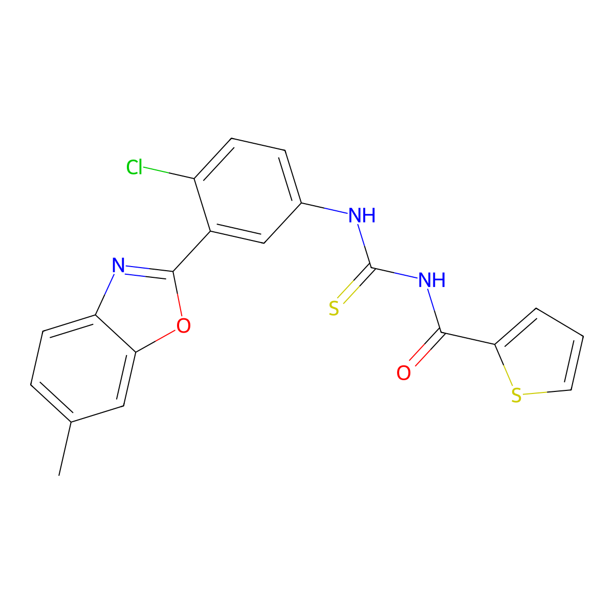 N-[[4-chloro-3-(6-methyl-1,3-benzoxazol-2-yl)phenyl]carbamothioyl]thiophene-2-carboxamide molecular structure, CAS 425662-83-5