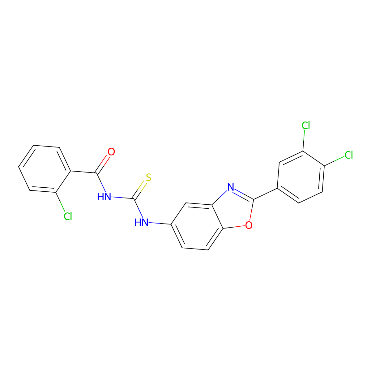 2-chloro-N-[[2-(3,4-dichlorophenyl)-1,3-benzoxazol-5-yl]carbamothioyl]benzamide molecular structure, CAS 425664-78-4