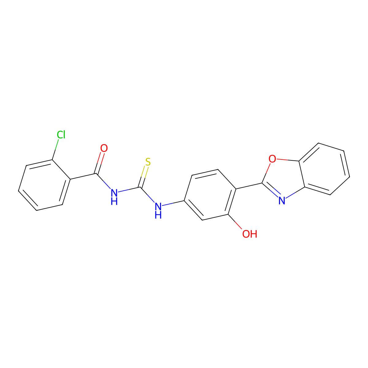 N-((4-(benzo[d]oxazol-2-yl)-3-hydroxyphenyl)carbamothioyl)-2-chlorobenzamide molecular structure, CAS 425664-79-5