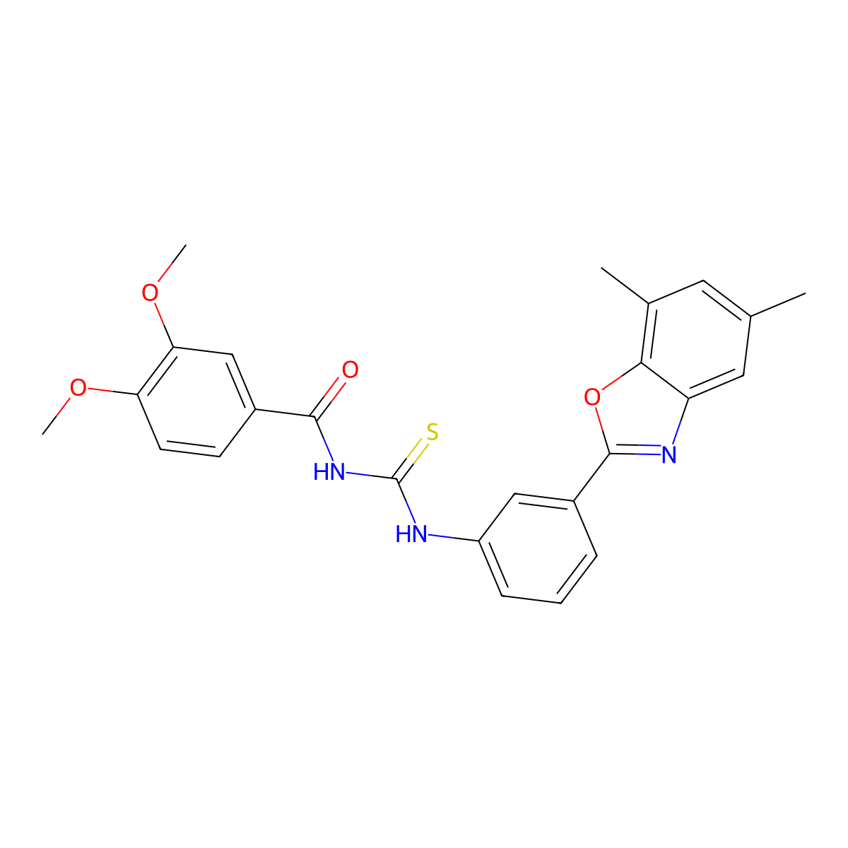 N-[[3-(5,7-dimethyl-1,3-benzoxazol-2-yl)phenyl]carbamothioyl]-3,4-dimethoxybenzamide molecular structure, CAS 425665-85-6
