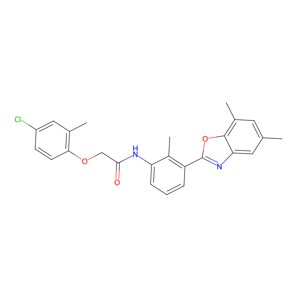 2-(4-chloro-2-methylphenoxy)-N-[3-(5,7-dimethyl-1,3-benzoxazol-2-yl)-2-methylphenyl]acetamide molecular structure, CAS 425667-59-0