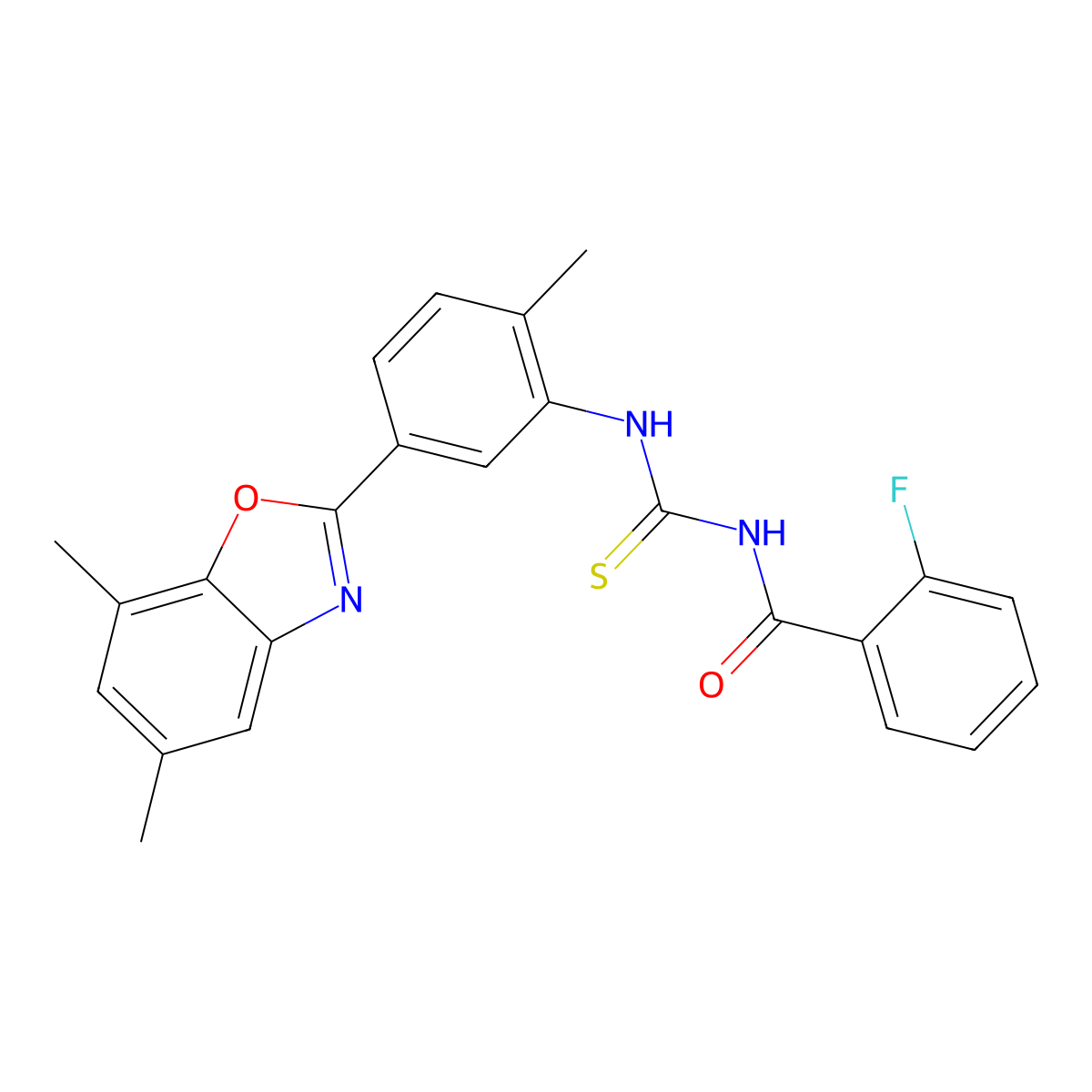 N-[[5-(5,7-dimethyl-1,3-benzoxazol-2-yl)-2-methylphenyl]carbamothioyl]-2-fluorobenzamide molecular structure, CAS 425667-65-8