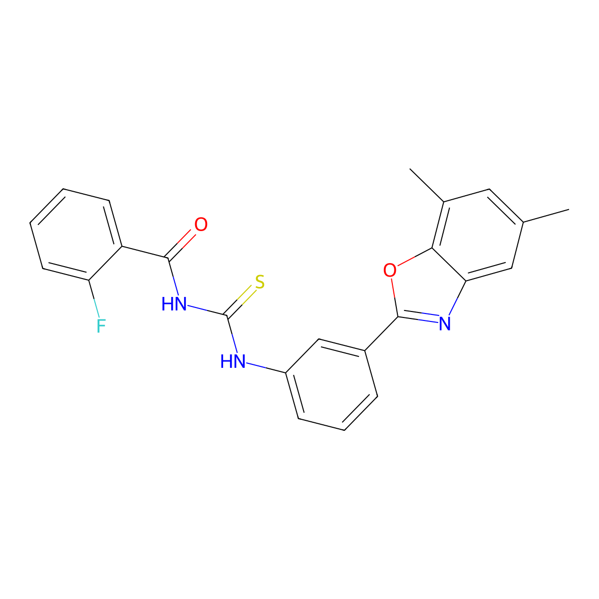 N-[[3-(5,7-dimethyl-1,3-benzoxazol-2-yl)phenyl]carbamothioyl]-2-fluorobenzamide molecular structure, CAS 425668-28-6