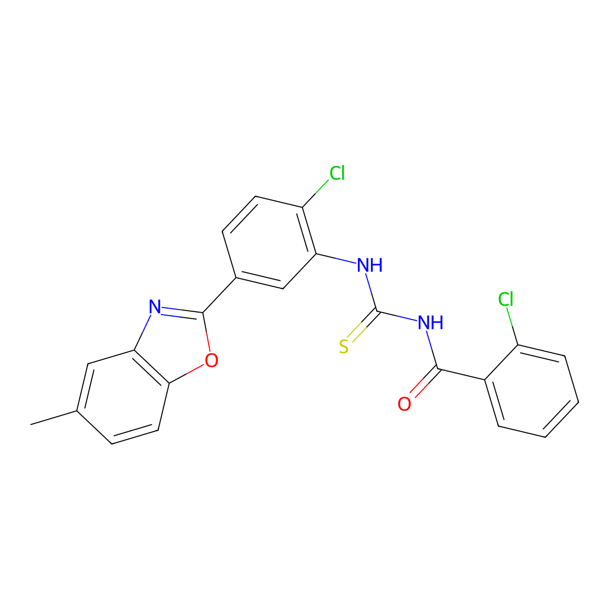 2-chloro-N-[[2-chloro-5-(5-methyl-1,3-benzoxazol-2-yl)phenyl]carbamothioyl]benzamide molecular structure, CAS 425676-80-8