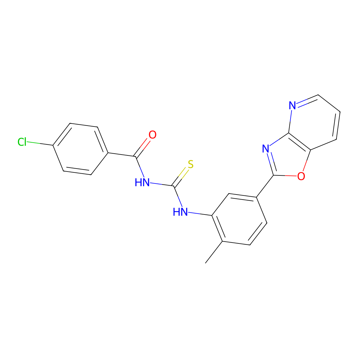 4-chloro-N-[[2-methyl-5-([1,3]oxazolo[4,5-b]pyridin-2-yl)phenyl]carbamothioyl]benzamide molecular structure, CAS 425677-49-2