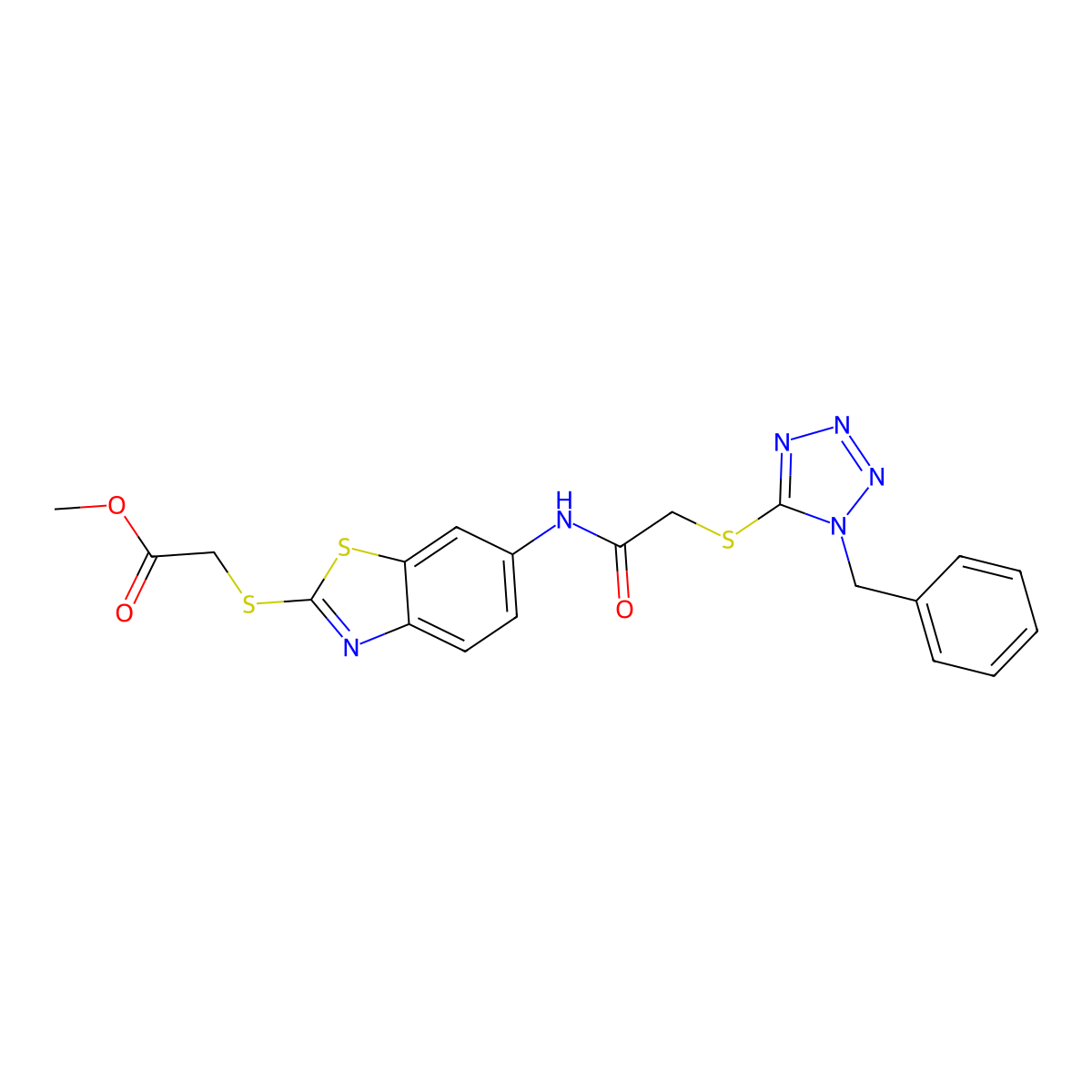 methyl {[6-({[(1-benzyl-1H-tetraazol-5-yl)sulfanyl]acetyl}amino)-1,3-benzothiazol-2-yl]sulfanyl}acetate molecular structure, CAS 425678-19-9