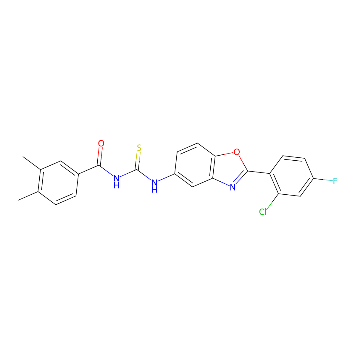 N-[[2-(2-chloro-4-fluorophenyl)-1,3-benzoxazol-5-yl]carbamothioyl]-3,4-dimethylbenzamide molecular structure, CAS 425678-45-1