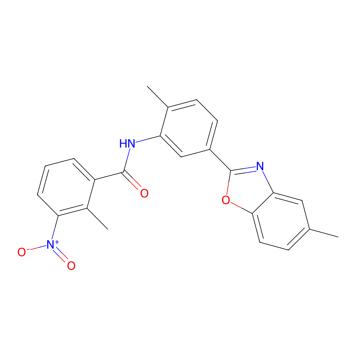 2-methyl-N-[2-methyl-5-(5-methyl-1,3-benzoxazol-2-yl)phenyl]-3-nitrobenzamide molecular structure, CAS 425678-62-2